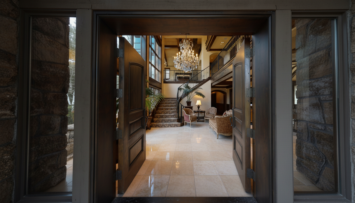 This image captures the grand entryway of a luxurious home, highlighted by an open double-door entrance. A large, ornate chandelier illuminates a sweeping staircase and upper-level landing. The foyer showcases a blend of architectural details, including exposed wooden beams, wrought iron railings, and stone accents, creating a sophisticated and welcoming atmosphere.