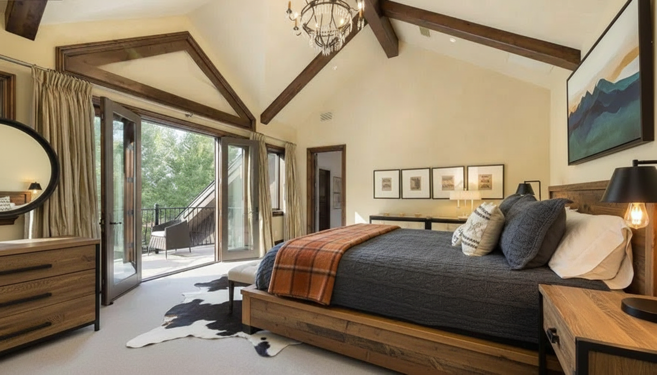 The primary bedroom features a high, vaulted ceiling with exposed wood beams and a chandelier. A large bed is centrally located and a cowhide rug anchors the space. French doors open to a balcony, providing natural light and an indoor/outdoor feel.
