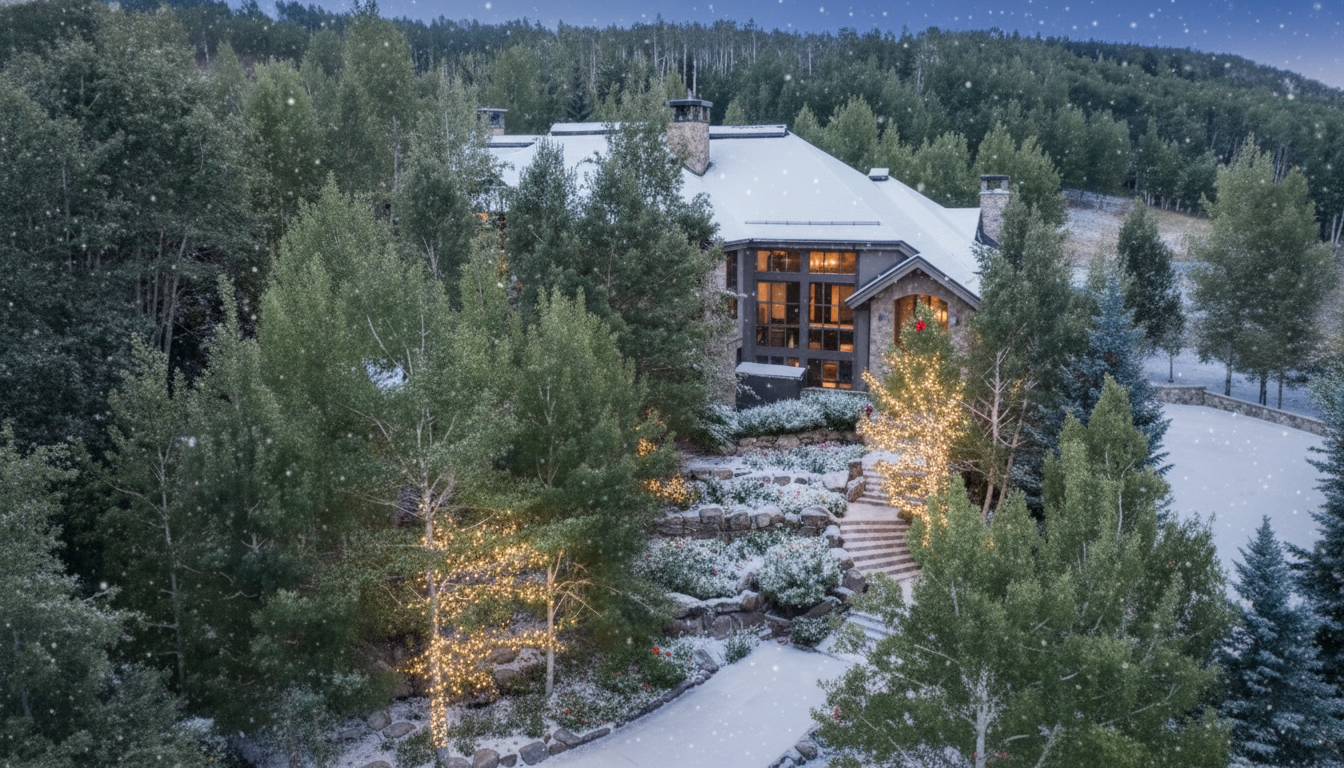 This is an eye-level, exterior view of a large, luxury home during winter, likely targeted at potential buyers looking for a winter retreat. The house is surrounded by snow-laden trees, including some adorned with Christmas lights, enhancing its appeal and the festive atmosphere. Snow is falling and blankets the roof of the home.
