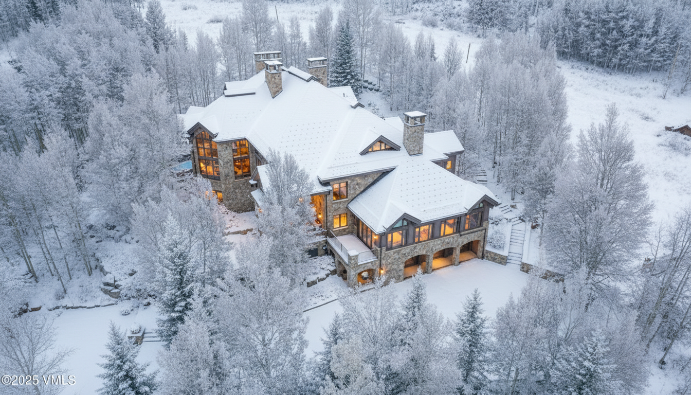 This aerial view showcases a luxurious home covered in snow, nestled among snow-laden trees. The architectural style suggests a mountain retreat, with stone accents and prominent chimneys. Warm light emanating from the windows creates an inviting ambiance amidst the winter landscape, highlighting a sense of warmth and comfort.