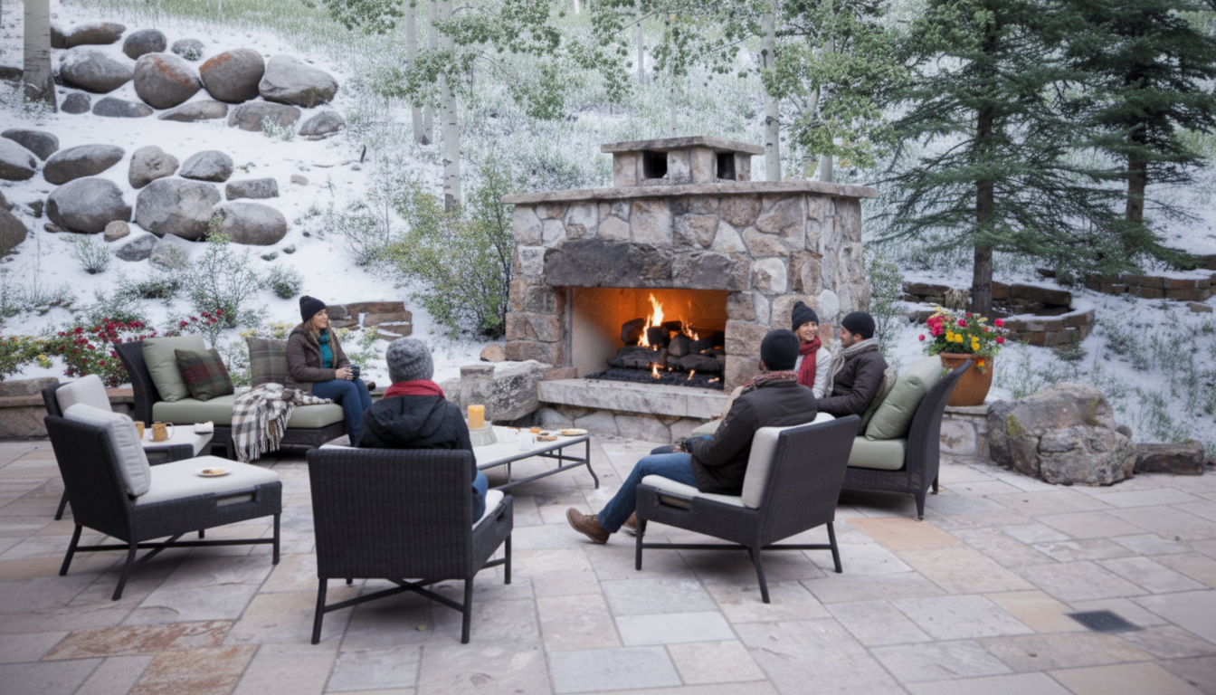 This image showcases an inviting outdoor patio area in a snowy, mountainous setting. Comfortable wicker seating is arranged around a stone fireplace, creating a cozy gathering space. The patio is constructed of stone pavers and is surrounded by trees, shrubs, and large boulders, enhancing the natural ambiance.