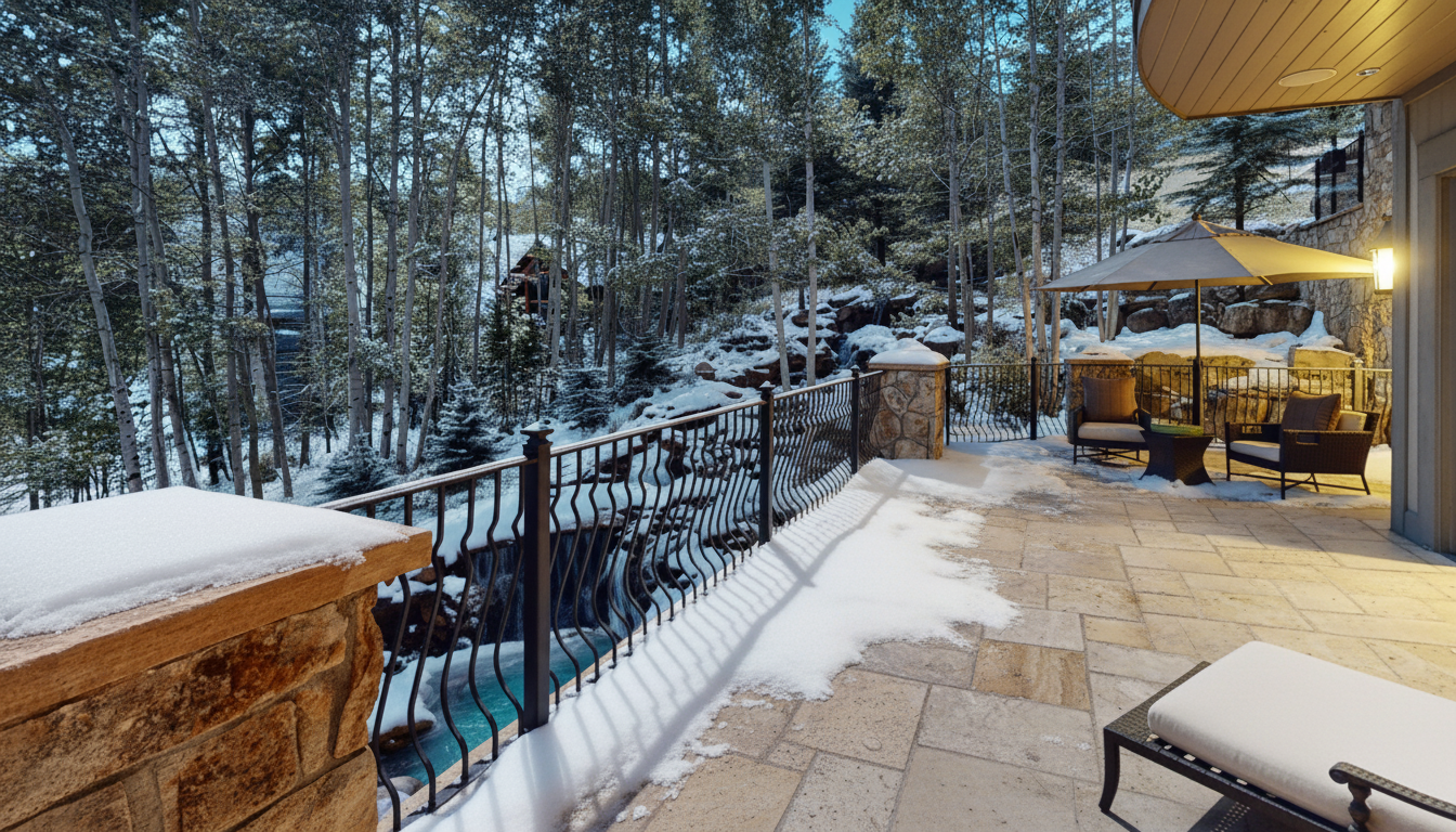 This image showcases a beautiful patio or balcony area in a snowy, forested setting. The patio features stone tiling, a wrought iron railing, and outdoor furniture including chairs and a chaise lounge. The presence of snow suggests a winter or mountain retreat, adding to the serene and luxurious atmosphere.