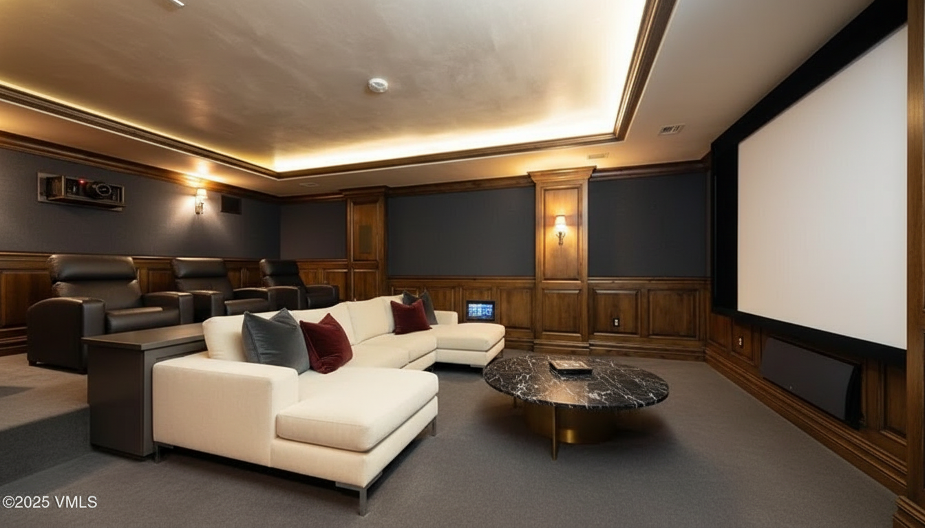 This is a home theater room featuring a large screen, comfortable seating, and sophisticated decor. The room has a tiered layout with leather recliner seating in the back and a modern sectional sofa in the front, complemented by a dark marble coffee table. Wood trim and elegant lighting create a luxurious and immersive viewing experience, suitable for entertaining or private enjoyment.