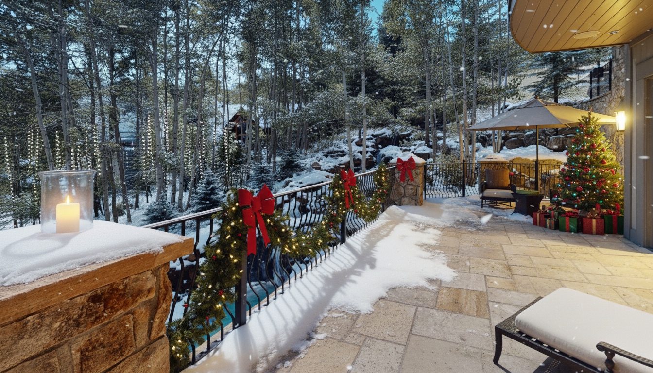 The image showcases a beautifully decorated patio or deck in a snowy, possibly mountainous setting. Christmas wreaths with red bows adorn the railing, and a decorated Christmas tree stands near an outdoor seating area with an umbrella. The combination of snow-covered surfaces, festive decorations, and luxurious outdoor furniture creates an inviting and luxurious atmosphere, ideal for entertaining or relaxation even in winter.