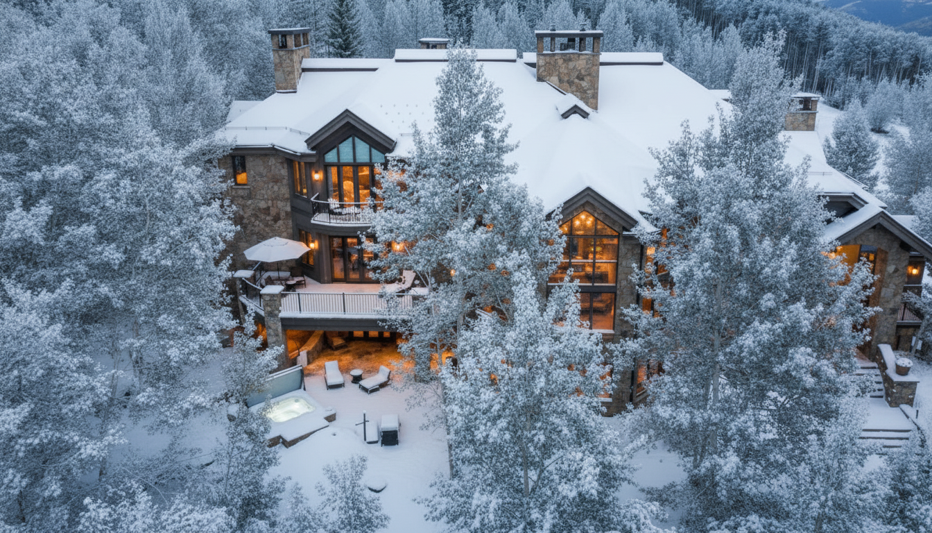 Aerial view of a luxurious home blanketed in snow, exuding a serene winter charm. The architectural style blends stone and dark wood accents, featuring multiple chimneys and large windows that suggest spacious interiors. A deck with outdoor seating and a hot tub offer amenities for enjoying the snowy landscape.