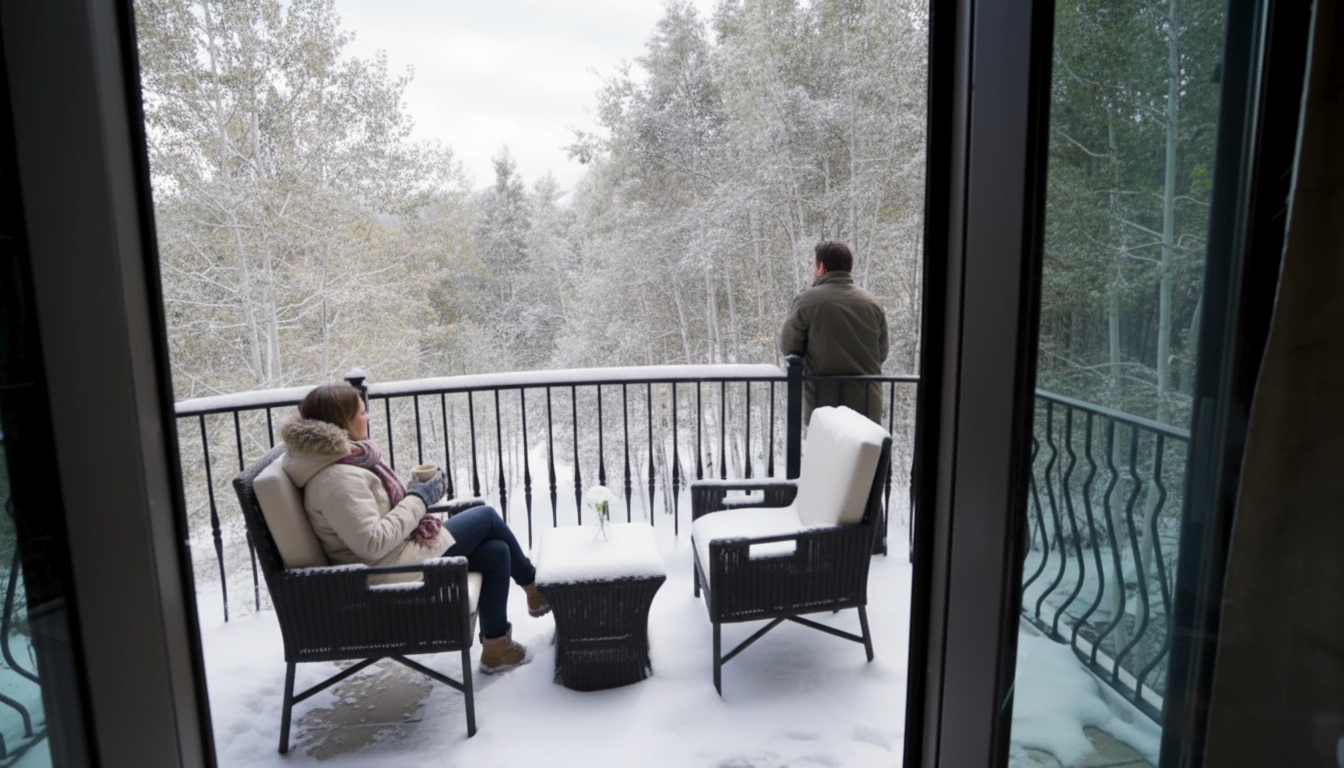 This image showcases a lovely balcony setting amidst a snowy landscape, perfect for relaxing or enjoying the winter scenery. Two wicker chairs and a small table are covered in snow, providing seating options, while a wrought iron railing adds a touch of elegance and safety. Tall trees covered in snow, visible beyond the balcony, create a serene and picturesque backdrop, enhancing the property's appeal.