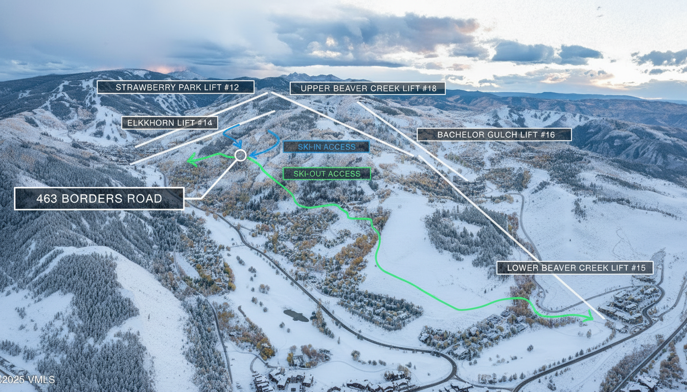 This aerial view highlights the prime location of the property. It shows ski-in/ski-out access with labeled ski lifts and the property's proximity to area amenities. The scenic mountain setting with snowy landscaping will appeal to outdoor enthusiasts looking for a winter retreat.