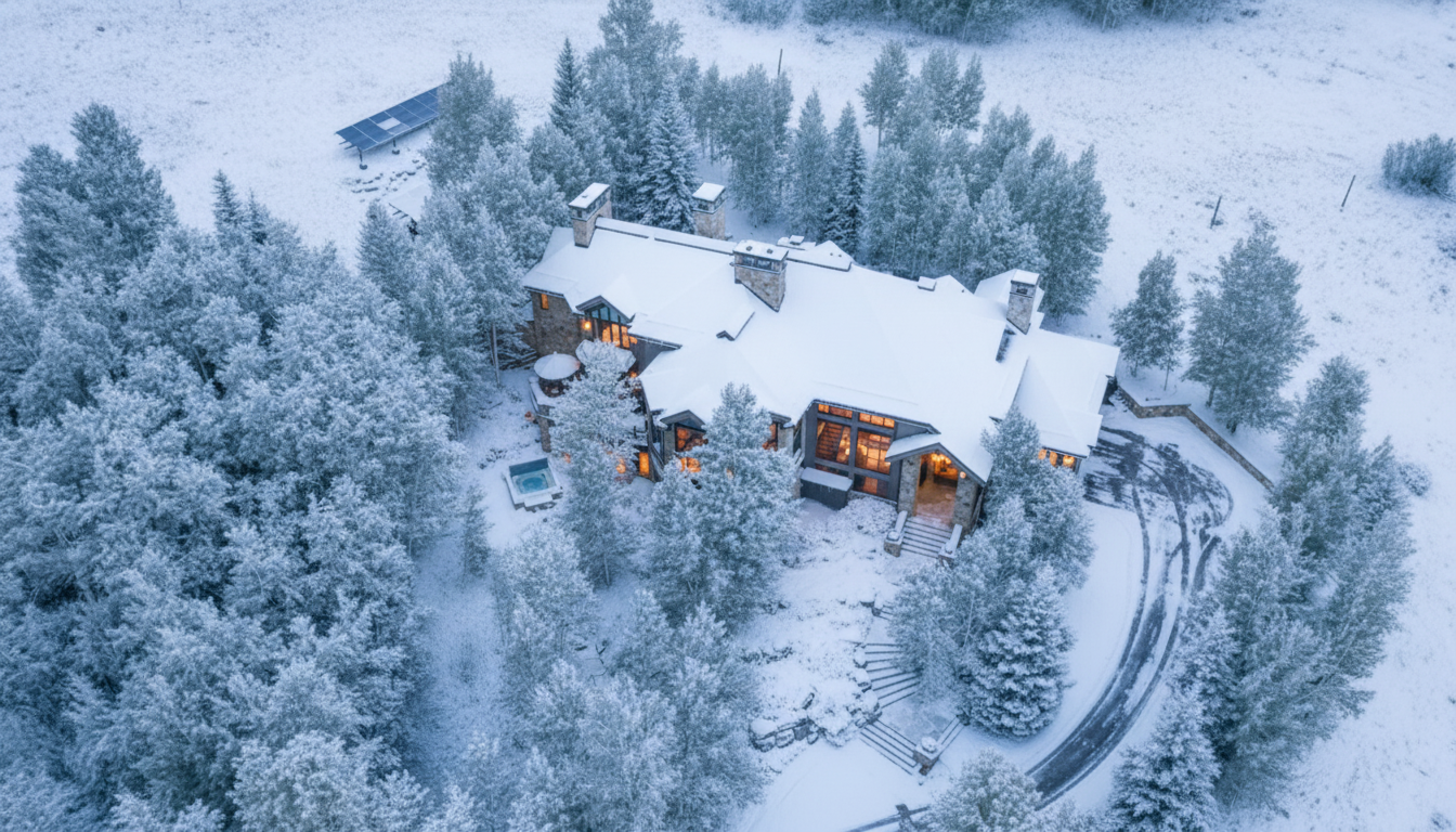 This aerial shot showcases a grand house nestled among snow-covered trees. The house boasts a complex roofline with multiple chimneys and visible lighting through the windows, suggesting a warm and inviting interior. The surrounding landscape emphasizes the property's privacy and idyllic winter setting, making it a very desirable location.