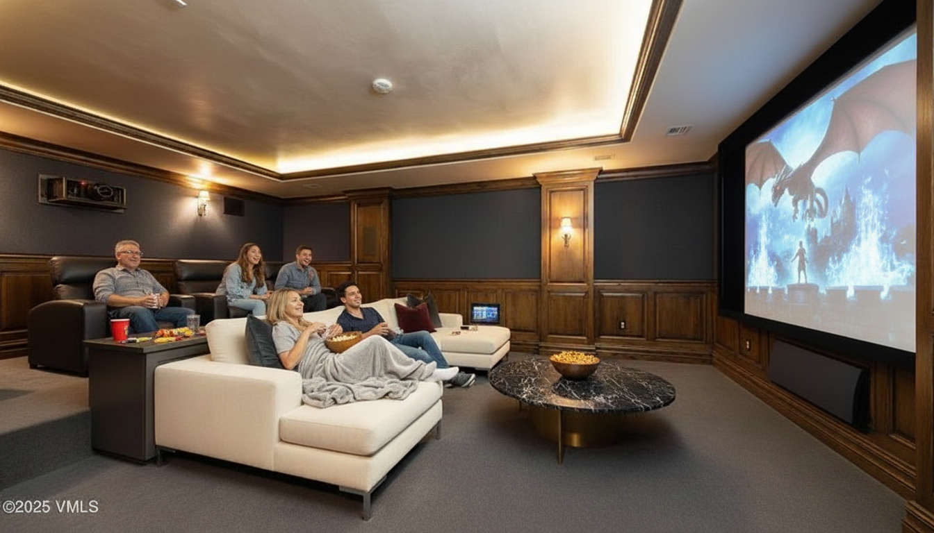 This is a luxurious home theater room, featuring comfortable seating arrangements for multiple people, including leather recliners and a plush sofa. A large screen displays a movie, creating an immersive entertainment experience. The room is elegantly decorated with wood paneling and recessed lighting, enhancing the upscale ambiance and design.