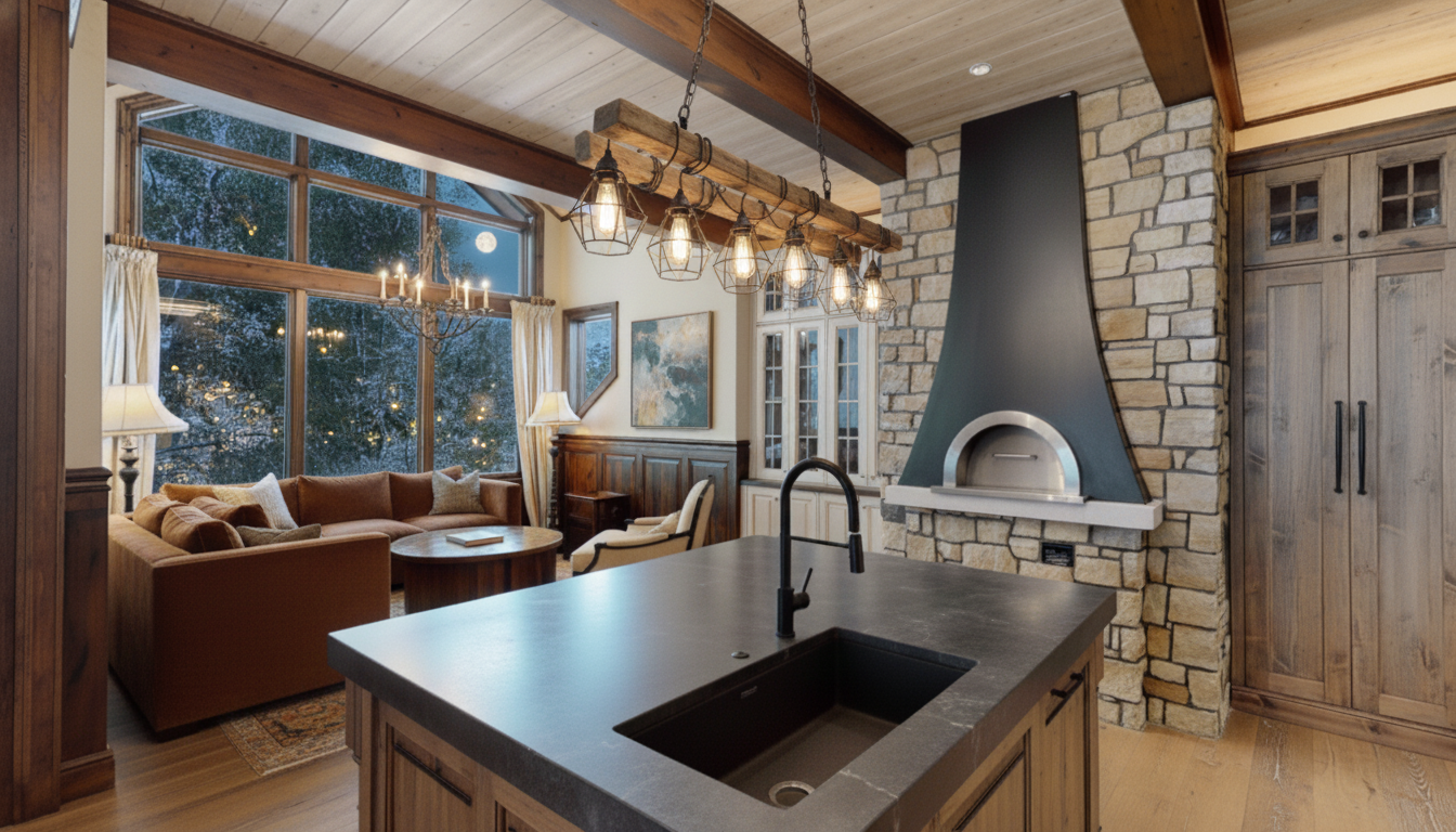 This interior shot showcases a well-appointed kitchen with a rustic-modern design. It features a dark countertop island, a farmhouse-style sink, and unique pendant lighting above. The kitchen blends seamlessly into the adjacent living area, highlighted by a large window providing natural light and views.