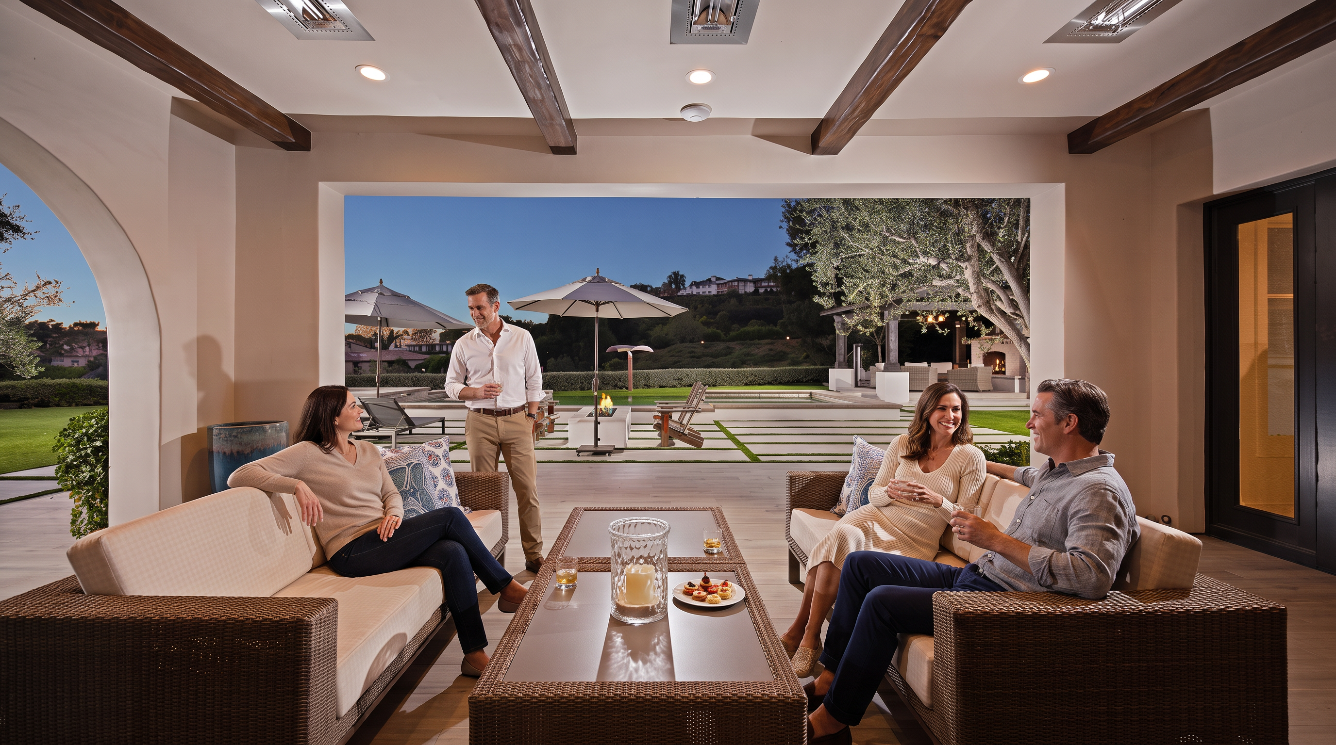 This luxurious covered patio offers a sophisticated outdoor living space, featuring high-end wicker lounge seating and a coffee table arranged for social gatherings. The open-concept design seamlessly connects the shaded seating area to a beautifully landscaped backyard with a fire pit and pool view. With recessed lighting and exposed wooden beams, the space embodies an elegant, transitional style perfect for evening relaxation.