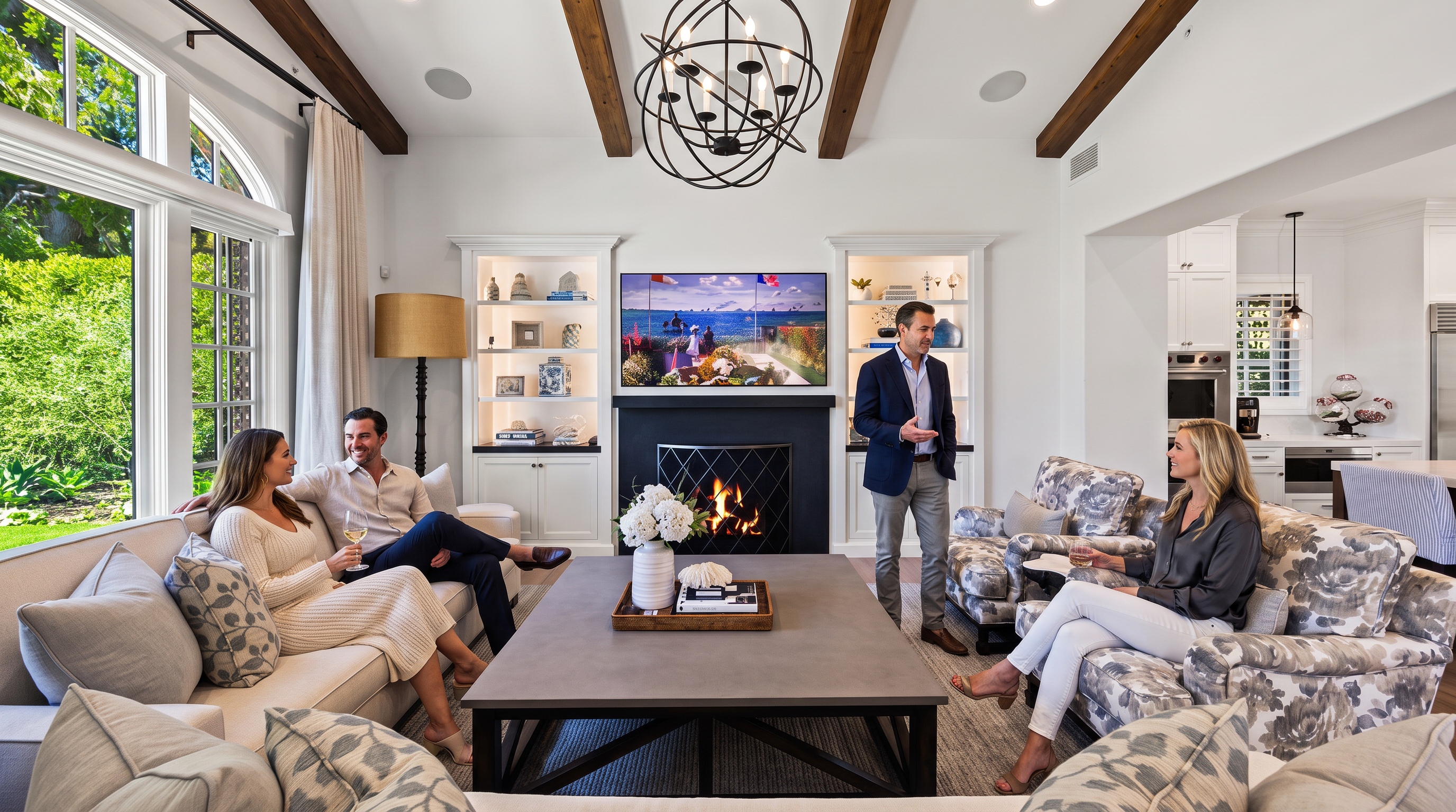 This bright and spacious living room features elegant transitional design with exposed wood ceiling beams, a striking modern chandelier, and a cozy fireplace as its focal point. The room is comfortably furnished with plush, patterned armchairs and a soft-toned sofa, complemented by a large, minimalist coffee table and built-in shelving. Large windows allow ample natural light to flood the space, creating an inviting and sophisticated atmosphere for social gatherings.