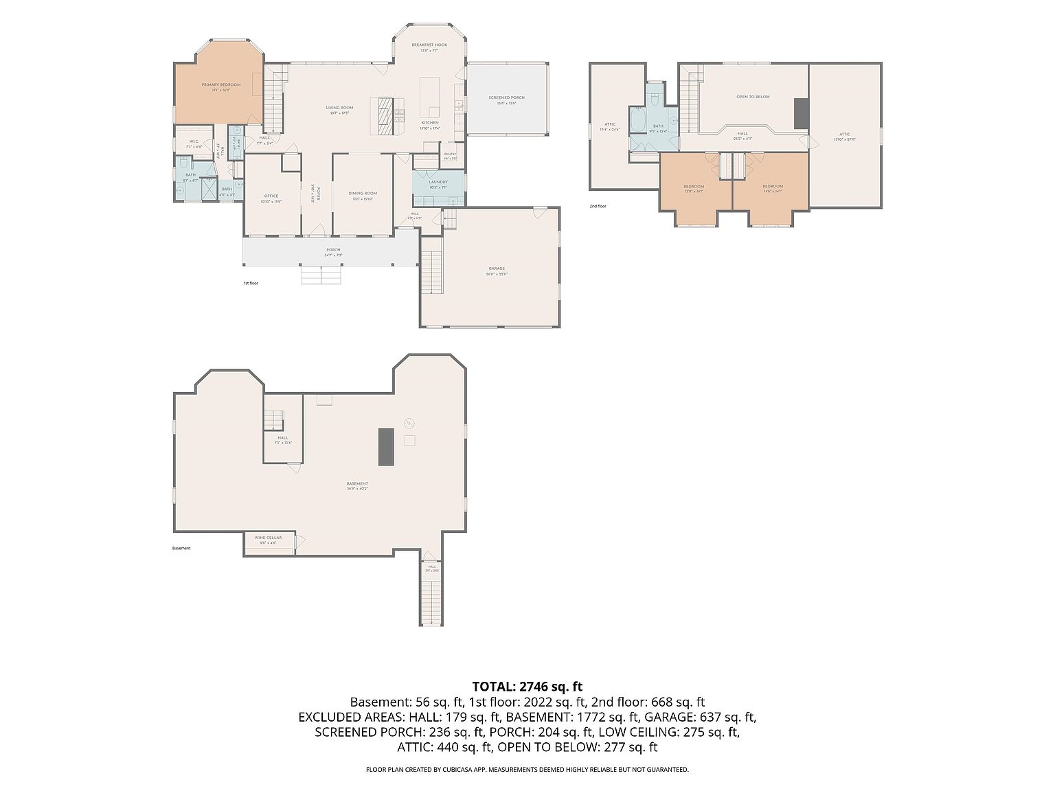 This image displays a comprehensive architectural floor plan for a multi-level residential property, including the basement, first floor, and second floor layouts. The detailed schematic illustrates the spatial arrangement of rooms, including a primary bedroom suite, kitchen, living areas, and various utility spaces, along with square footage calculations for each level. The presentation is clean and technical, providing a clear overview of the home's total living area and room distribution.