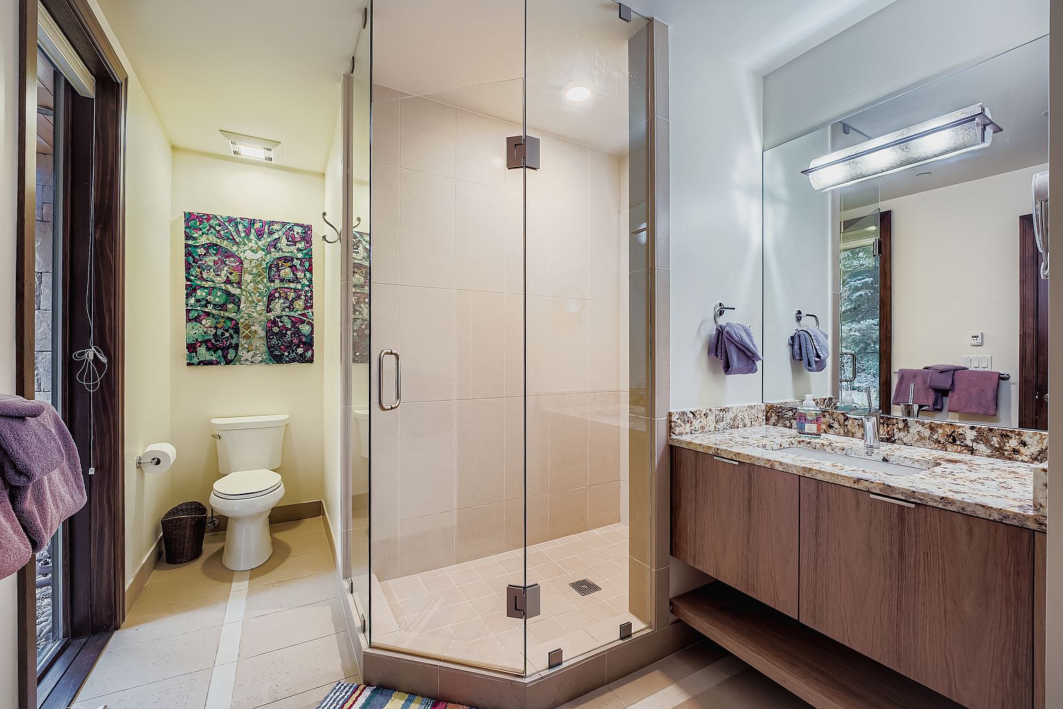 This is a well-lit primary bathroom featuring a glass-enclosed shower with beige tiling, a vanity with a granite countertop and wood cabinetry, and a toilet. A colorful abstract painting hangs above the toilet, adding a touch of personality to the space. The overall impression is clean, modern, and functional.
