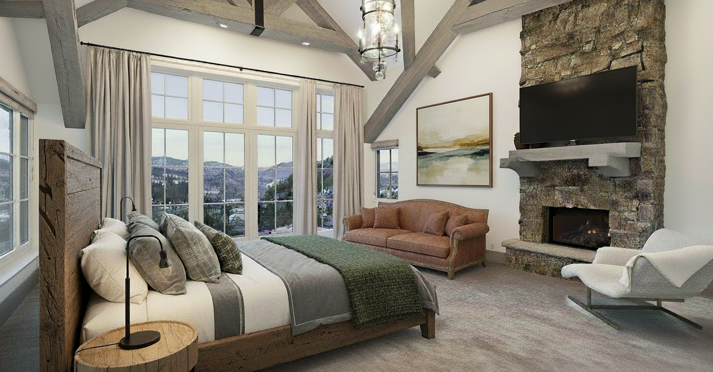 This is a luxurious primary bedroom featuring a rustic wooden bed frame, a stone fireplace with a mounted TV, and large windows offering a scenic view. The room includes a seating area with a sofa and chair, complemented by a neutral color palette and exposed wooden beams, creating a cozy and elegant atmosphere. The overall impression is one of comfort and sophistication, suitable for a high-end residential property.