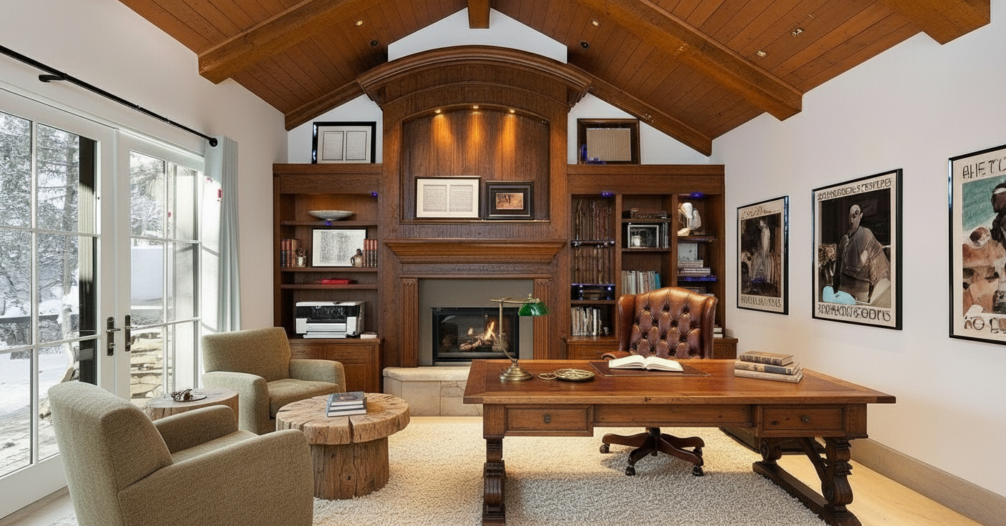 This is a well-appointed home office/study with a classic and sophisticated design. The focal point is a large wooden desk with a leather chair, complemented by built-in wooden bookshelves and a fireplace. Natural light streams in through a window or glass door, enhancing the warm and inviting ambiance of the room.