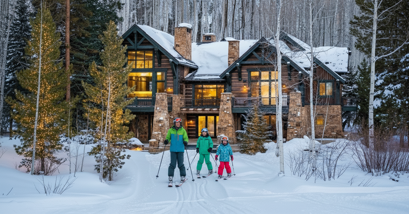 The image showcases the front exterior of a luxurious log cabin-style home during winter. A family is seen skiing in front of the house, staged to highlight the slopeside access. The house features stone pillars, large windows illuminating the interior, and a snow-covered roof, creating a cozy and inviting atmosphere.