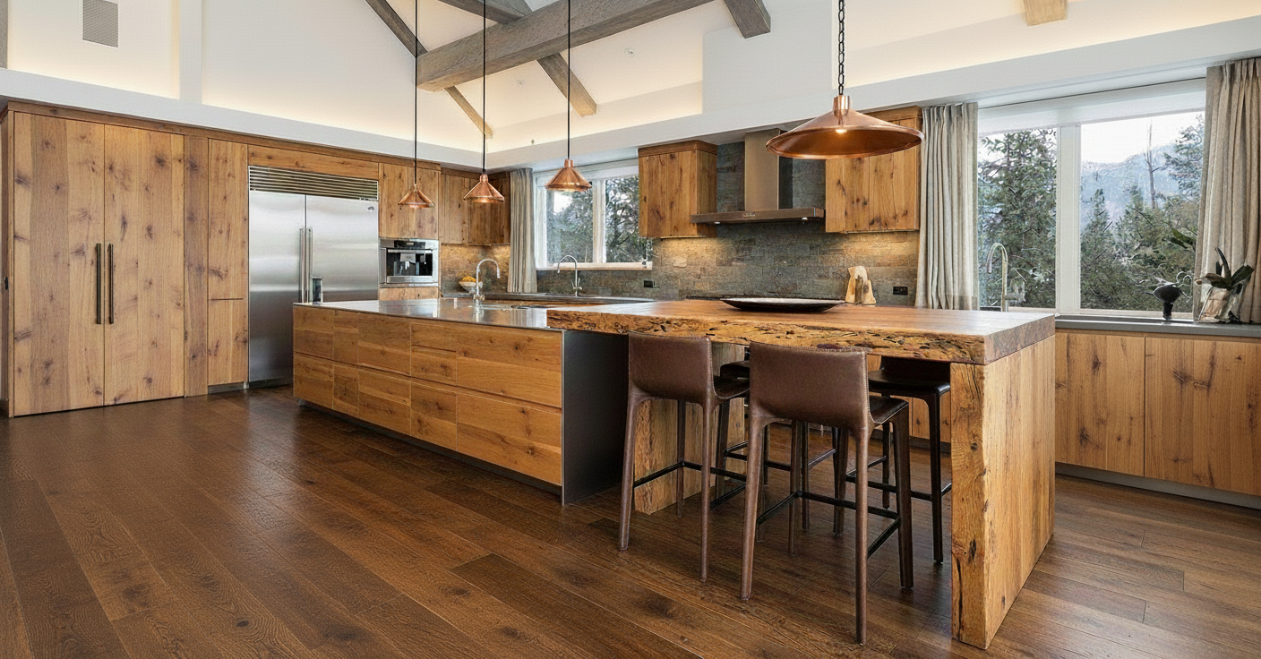 This image showcases a high-end residential kitchen featuring custom wood cabinetry and a large island with bar seating. Stainless steel appliances, including a refrigerator, are integrated seamlessly into the design. The space is illuminated by pendant lighting, and natural light streams through windows, creating a warm and inviting atmosphere.