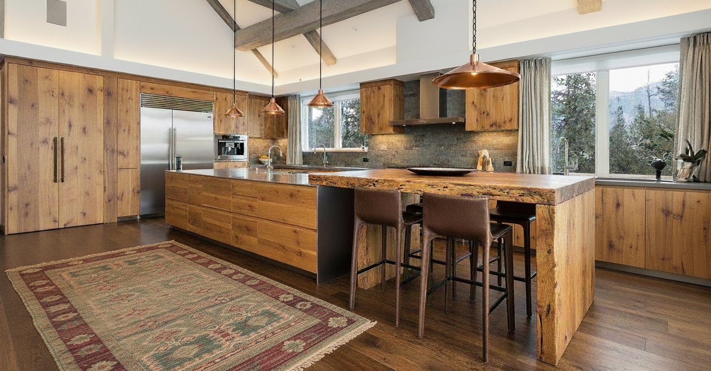The image showcases a well-appointed kitchen with rustic-modern design elements. Key features include wood cabinetry with a unique grain pattern, stainless steel appliances, and a large island with bar seating and a rugged, live-edge countertop. Copper pendant lights add a touch of elegance, while large windows provide natural light and views of the outdoors.