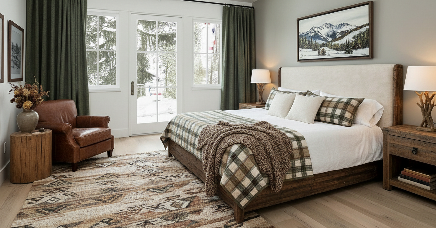 This inviting primary bedroom features a cozy and rustic design. A king-sized bed with a light upholstered headboard is layered with plaid blankets and throw pillows, creating a warm and inviting atmosphere. The room is illuminated by bedside lamps and natural light streaming through the double doors, which lead to an outdoor view of snow-covered scenery.