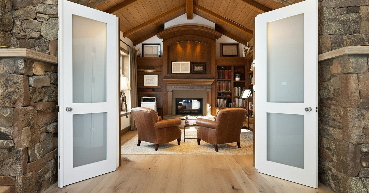 The image showcases a sophisticated home office or study, framed by open double doors with frosted glass panels. Inside, the room features wood paneled walls and ceiling, built-in bookshelves, and a fireplace, lending a warm and inviting atmosphere. Two leather armchairs face each other, centered on a neutral rug, suggesting a comfortable space for reading or conversation.