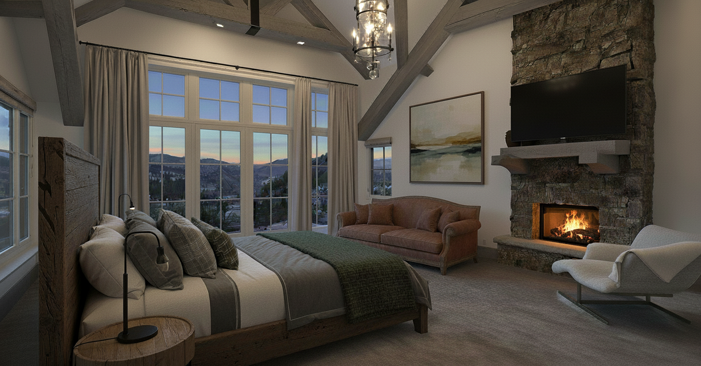 This is a primary bedroom featuring a stone fireplace with a mounted TV, set against an accent wall. A large window offers a scenic outdoor view. The room includes a seating area with a couch and chair, emphasizing a comfortable and luxurious ambiance.