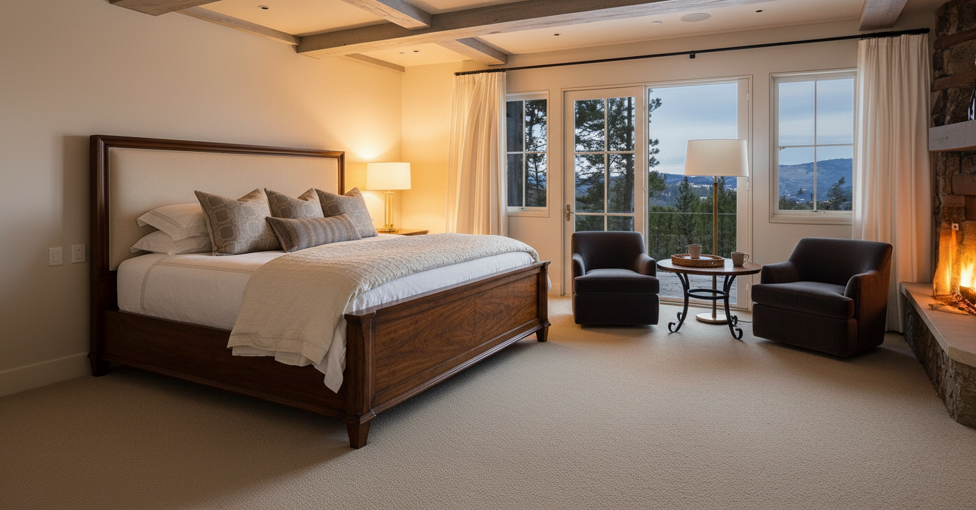 This primary bedroom features a well-appointed bed with wood frame and upholstered headboard, multiple pillows, and a cozy blanket. Adjacent to the bed is a seating area with two armchairs and a small table, creating a comfortable space for relaxation by the fireplace. Large windows offer scenic views, enhancing the room's appeal.