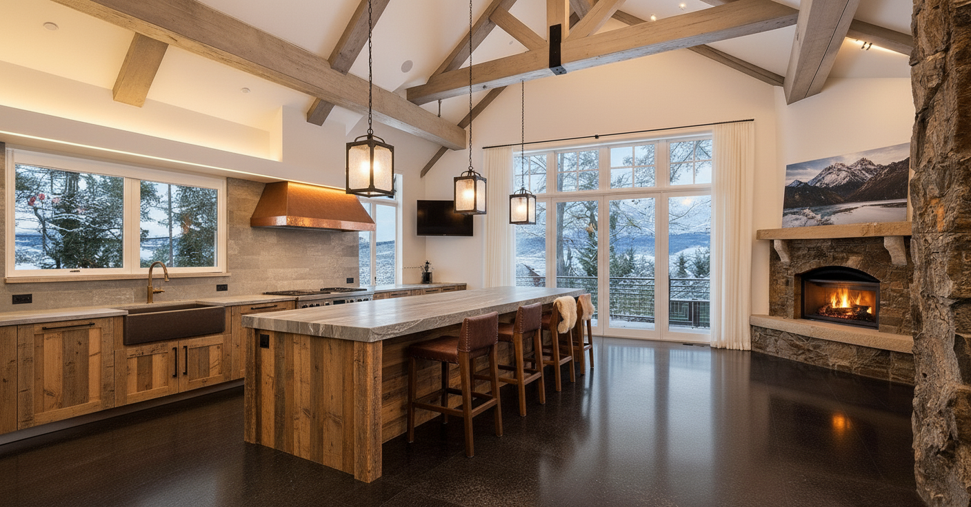 This is an interior shot of a spacious kitchen with rustic and modern design elements. Key features include wood cabinetry and island, a stone countertop, a copper range hood, and exposed wooden beams on the ceiling. A stone fireplace and large windows overlooking a snowy landscape add warmth and natural light to the space.