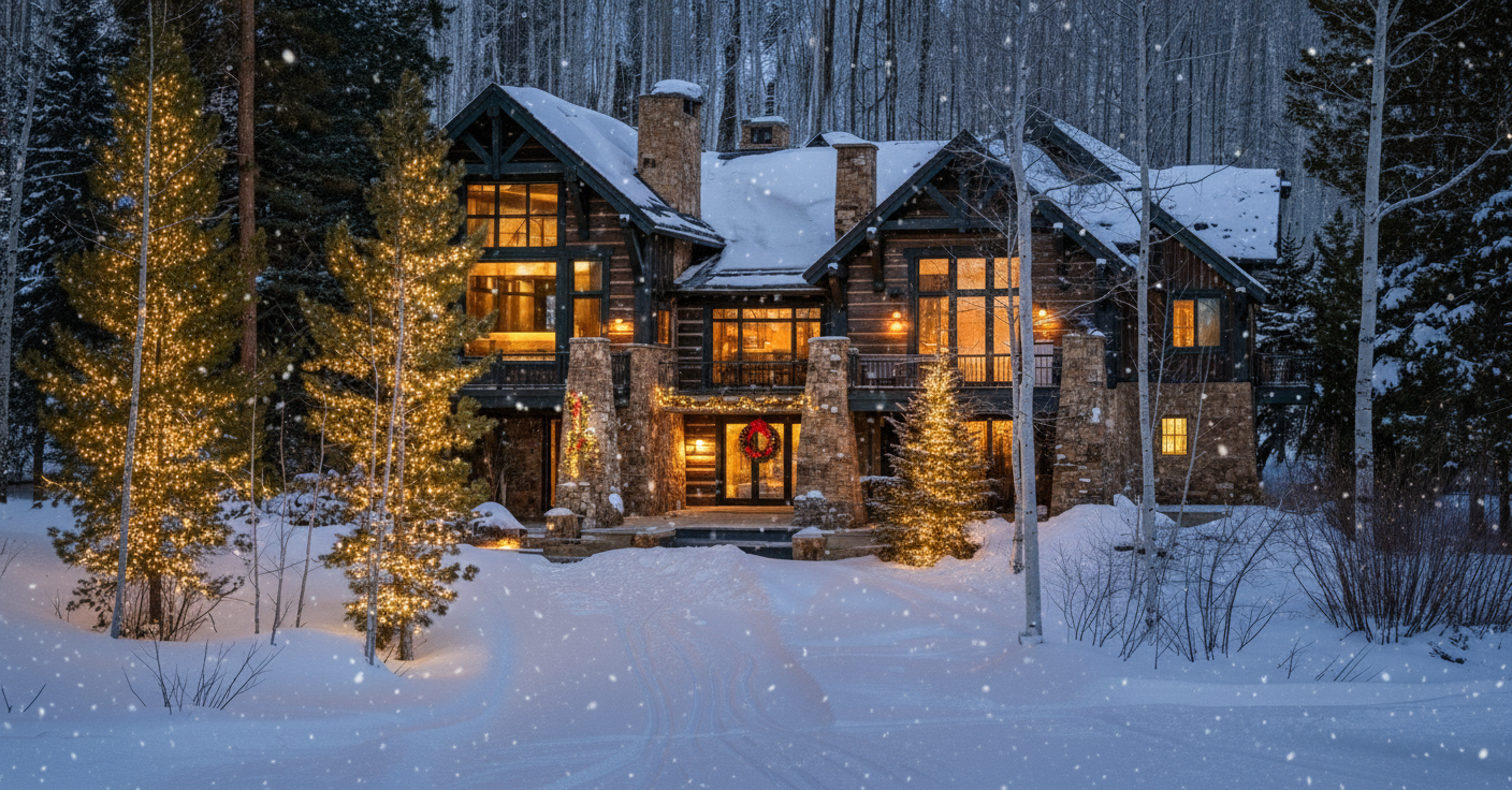 This image showcases the front view of a large, luxurious log cabin style home in a snowy, wooded environment. Christmas decorations, including wreaths and illuminated Christmas trees, add to the inviting ambiance. The architecture features stone accents, multiple windows, and a snow-covered roof, suggesting a high-end property designed for winter living.