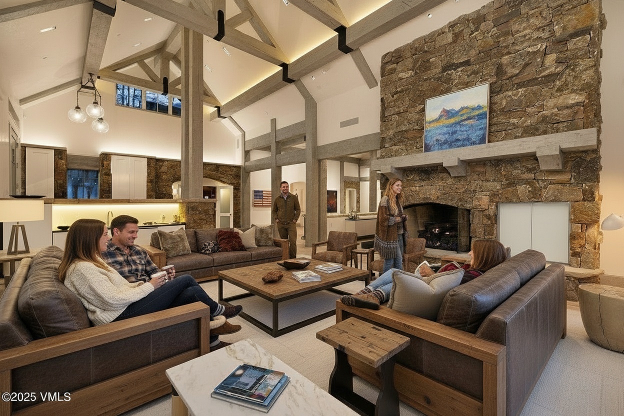 This is a spacious living room featuring exposed beams, stone accents and a large stone fireplace. There are several people in the room sitting on comfortable sofas around a wooden coffee table. The room provides a cozy and inviting atmosphere, ideal for relaxation and gathering.