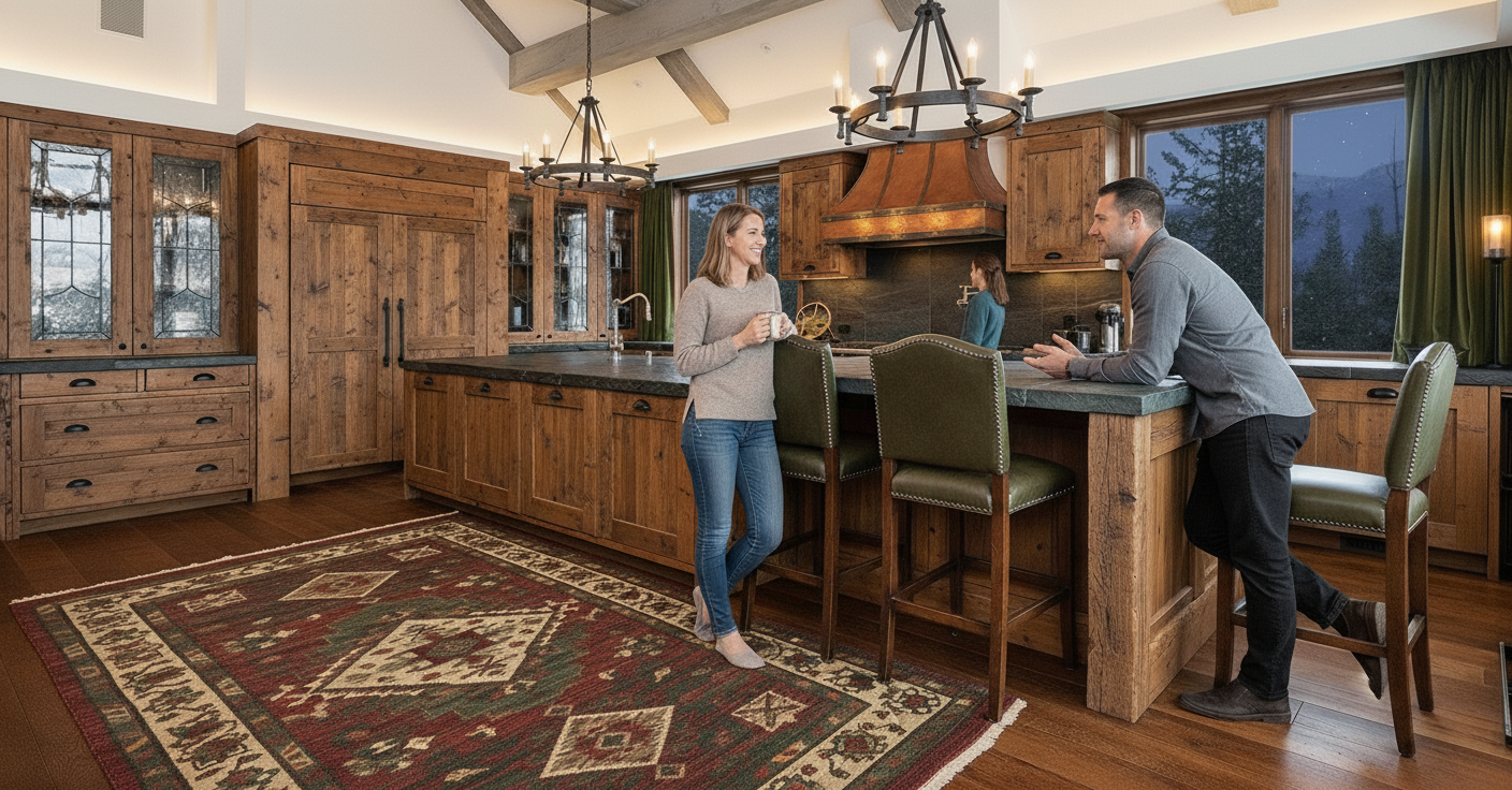 This is a warmly lit, rustic kitchen featuring knotty wood cabinetry and dark countertops. A copper range hood is a noticeable feature above the stove area. There are two people by the bar enjoying conversation, while a woman is at the sink.