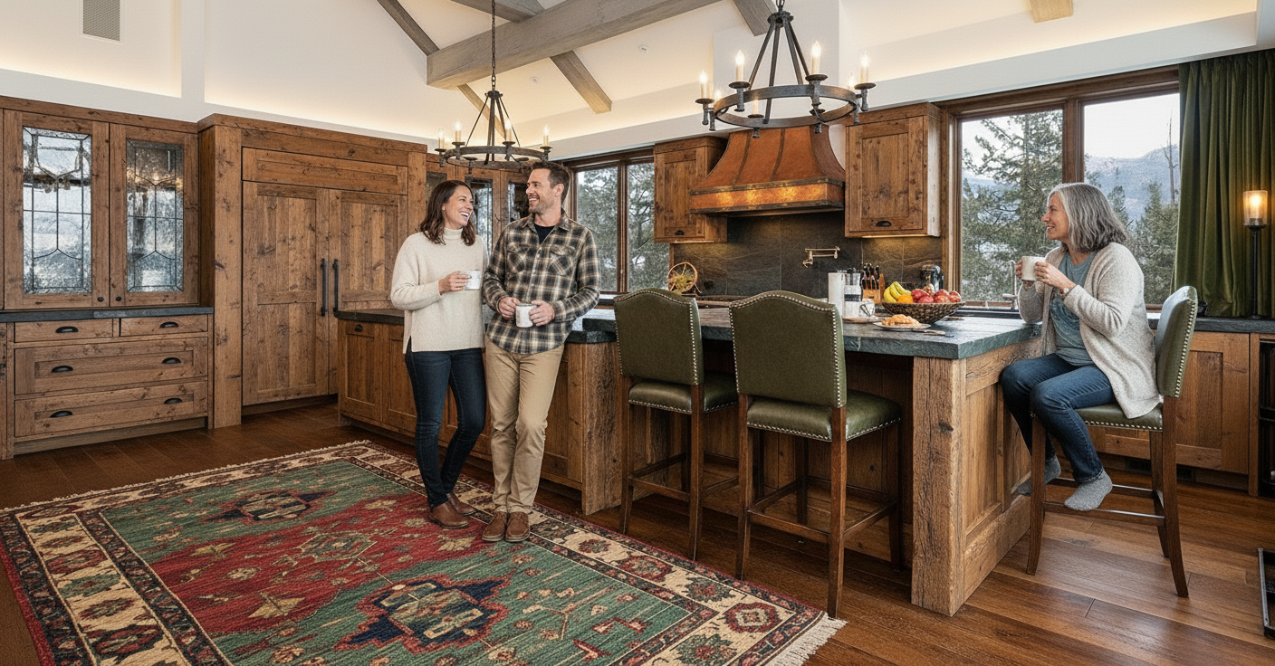 This inviting kitchen features rustic wood cabinetry and a sizable island with countertop seating. The warm lighting enhances the natural elements, and the area rug adds a touch of color and homeliness. A large window provides natural light and a view of the outdoors.