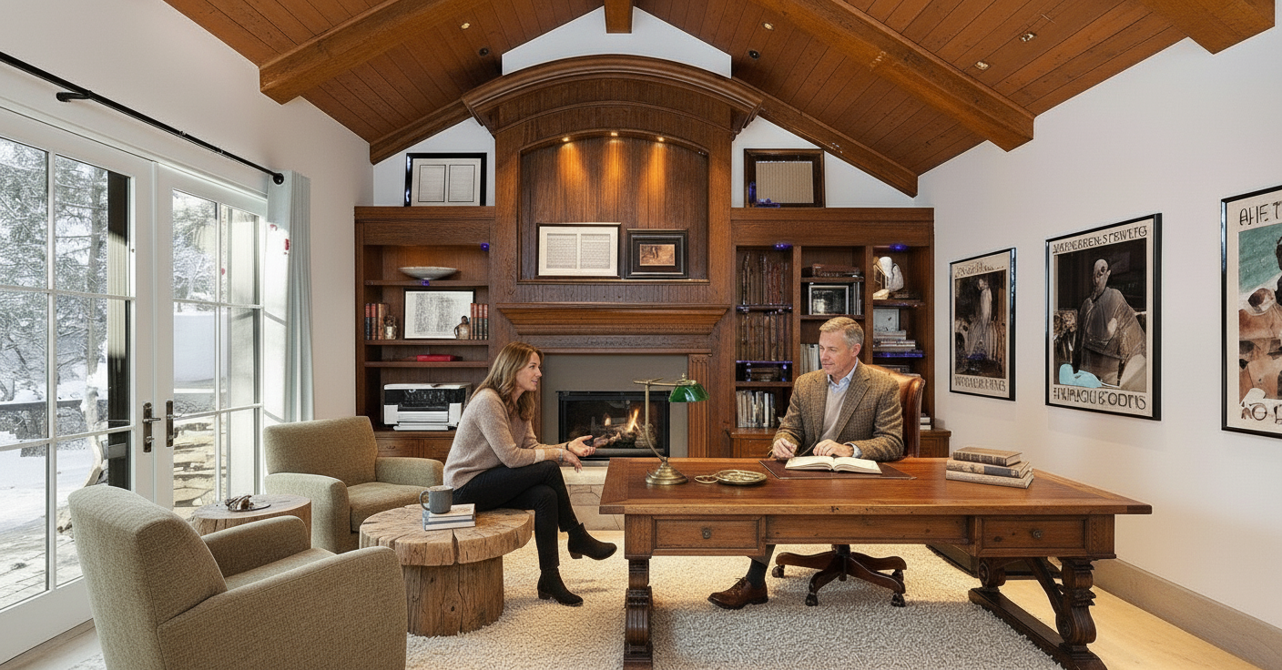 This is a warm and inviting home office with wood beamed ceilings and a custom built-in wood bookcase and fireplace surround. A large wood desk is the focal point, complemented by comfortable seating and artistic wall decor. The space provides a productive yet cozy atmosphere, suitable for work or relaxation.