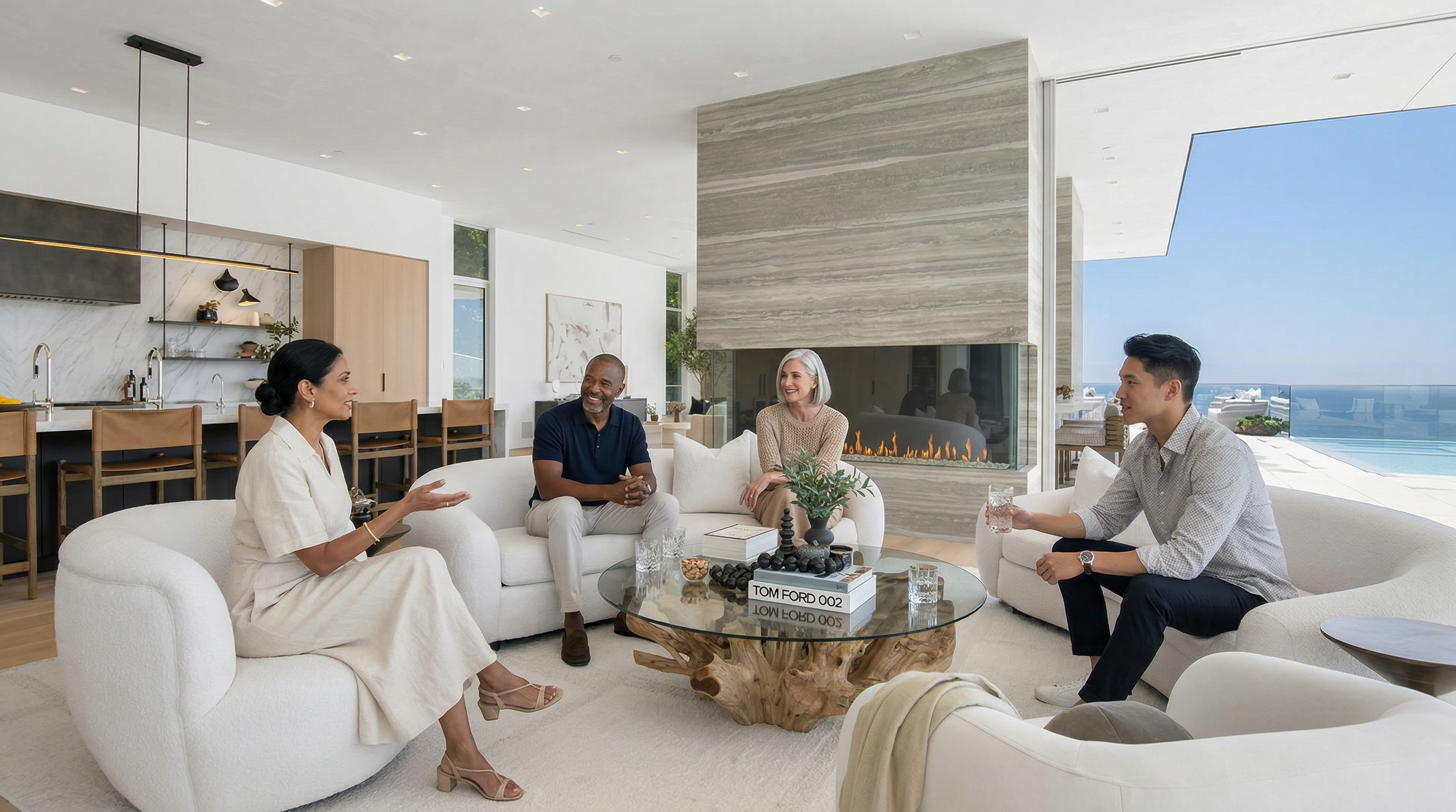 This expansive, open-concept living room exudes modern luxury with its high ceilings, light hardwood floors, and a striking floor-to-ceiling stone fireplace that serves as a central focal point. The space is furnished with plush, curved white sofas and a unique natural wood-base coffee table, all oriented toward a seamless indoor-outdoor transition leading to a sun-drenched patio and pool area. The adjacent kitchen features a sleek island with bar seating, creating a sophisticated and airy atmosphere perfect for high-end entertaining.