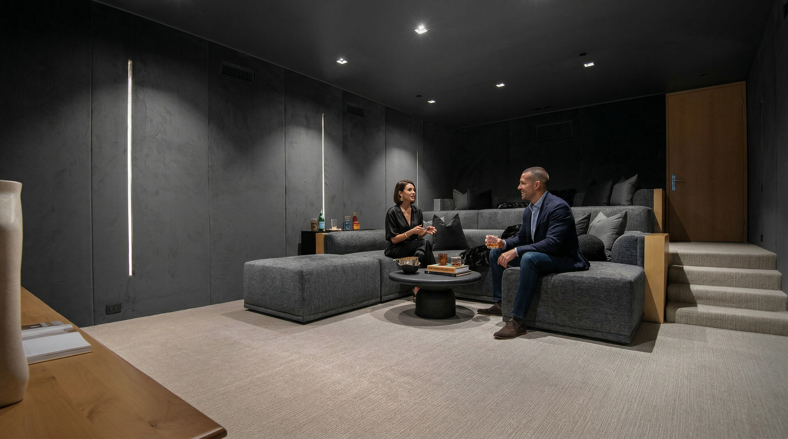 This image showcases a sophisticated, modern home theater room characterized by a dark, moody color palette and minimalist design. The space features a large, plush grey sectional sofa arranged around a circular coffee table, with tiered seating in the back and integrated vertical LED lighting strips on the walls. The room is designed for an immersive cinematic experience, emphasizing comfort and a sleek, contemporary aesthetic.