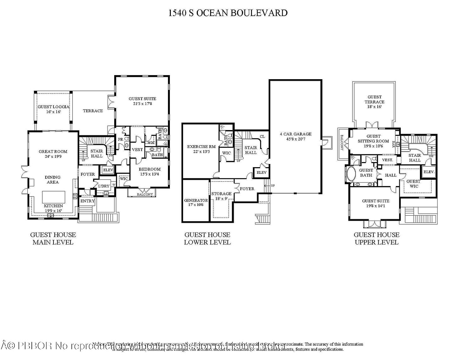 This image showcases the floor plan of a guest house, detailing the main level, lower level, and upper level. The main level includes a great room, dining area, kitchen, and guest loggia, while the lower level features an exercise room, generator, and storage. The upper level contains guest suites and a sitting room, providing a comprehensive layout of the property's design and spatial arrangement.
