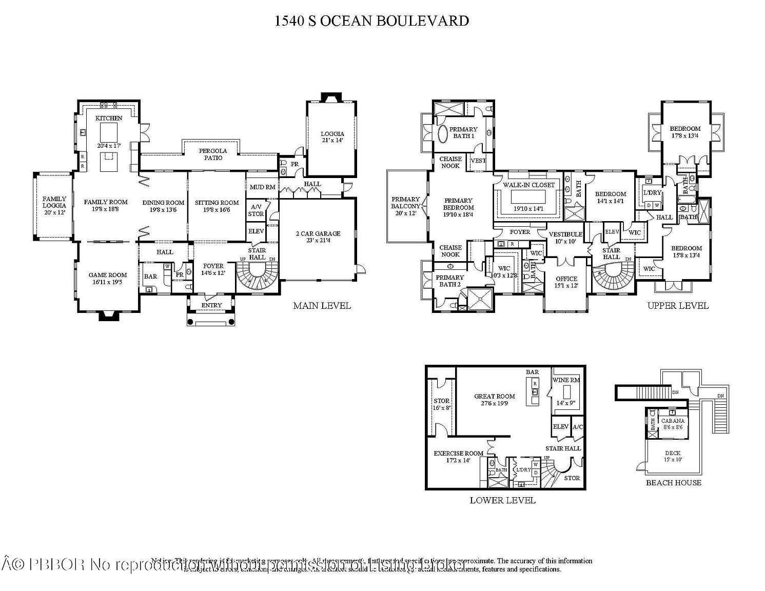This image showcases a detailed floor plan of a luxurious residence, featuring multiple levels including a main level, upper level, lower level, and a beach house. The layout includes numerous rooms such as bedrooms, bathrooms, a kitchen, living areas, a garage, and outdoor spaces like a pergola patio and loggias, providing a comprehensive view of the property's design and spatial arrangement.