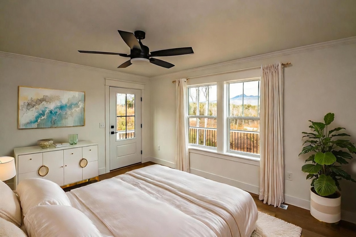 This bright and airy primary bedroom features a neutral color palette, a plush bed with white linens, and a modern white dresser with gold accents. A large window and a glass-paneled door provide ample natural light and a scenic view of the outdoors, while a ceiling fan and a potted plant add comfort and life to the space. The room is virtually staged to showcase its potential for a serene and inviting retreat.