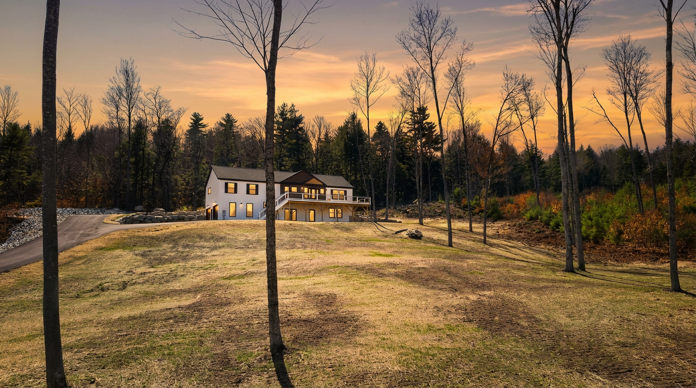 This image showcases the rear exterior of a modern, multi-story home set against a serene, wooded backdrop during a vibrant sunset. The property features a prominent wooden deck and a walk-out basement level, perfectly situated on a sloping, landscaped lot. The combination of its clean architectural lines and the warm, golden-hour lighting creates an inviting and peaceful residential atmosphere.