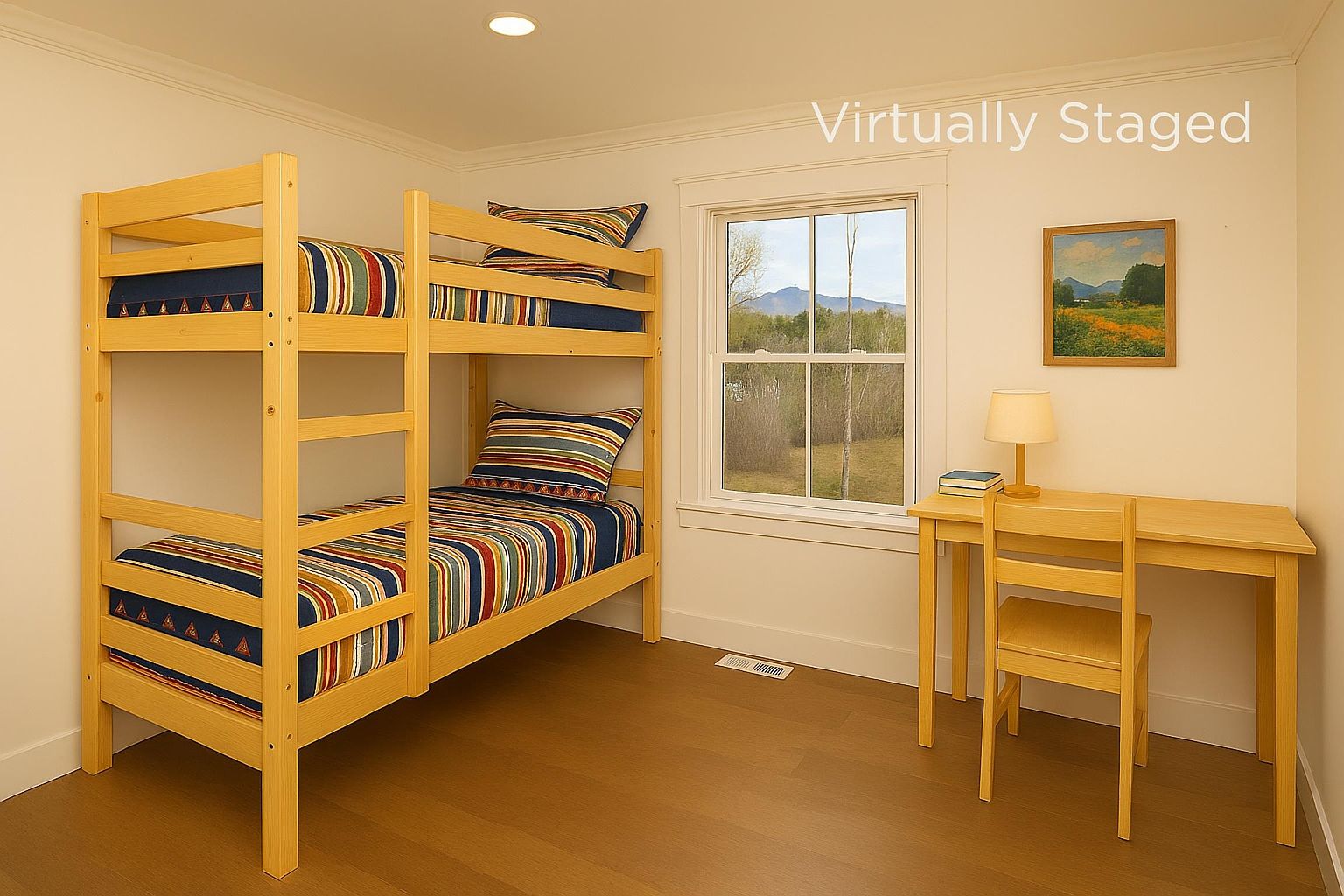 This bright and airy bedroom features a light wood bunk bed dressed in colorful striped bedding, positioned against a clean white wall. To the right, a matching wooden desk and chair create a functional workspace, complemented by a small lamp and a framed landscape painting. The room is illuminated by natural light from a window overlooking a scenic outdoor view, creating a welcoming and versatile space.