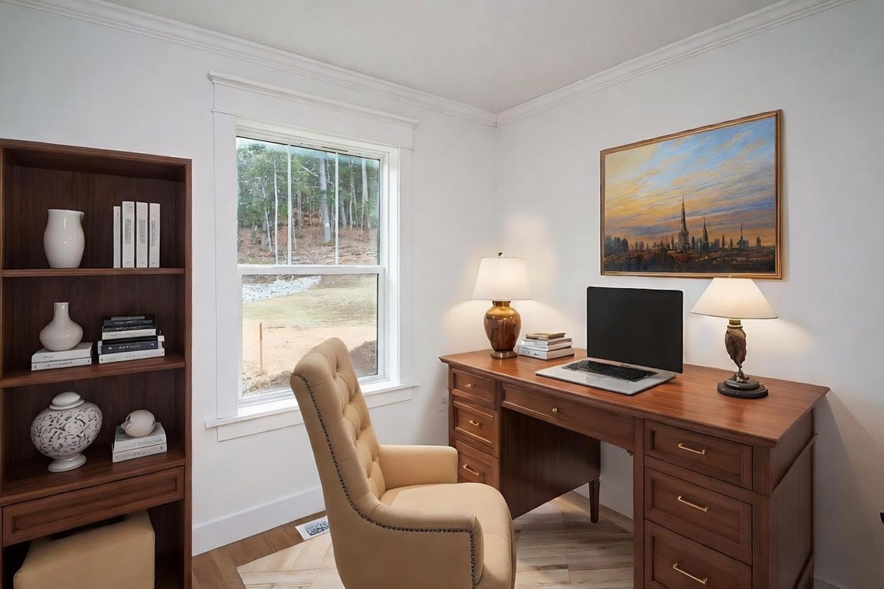 This home office features a classic wooden desk paired with a tufted, beige upholstered chair, creating a sophisticated and productive atmosphere. A tall bookshelf filled with books and decorative accents stands to the left, while a large, framed landscape painting hangs above the desk. The room is well-lit by two table lamps and natural light streaming through a central window that overlooks a wooded outdoor area.