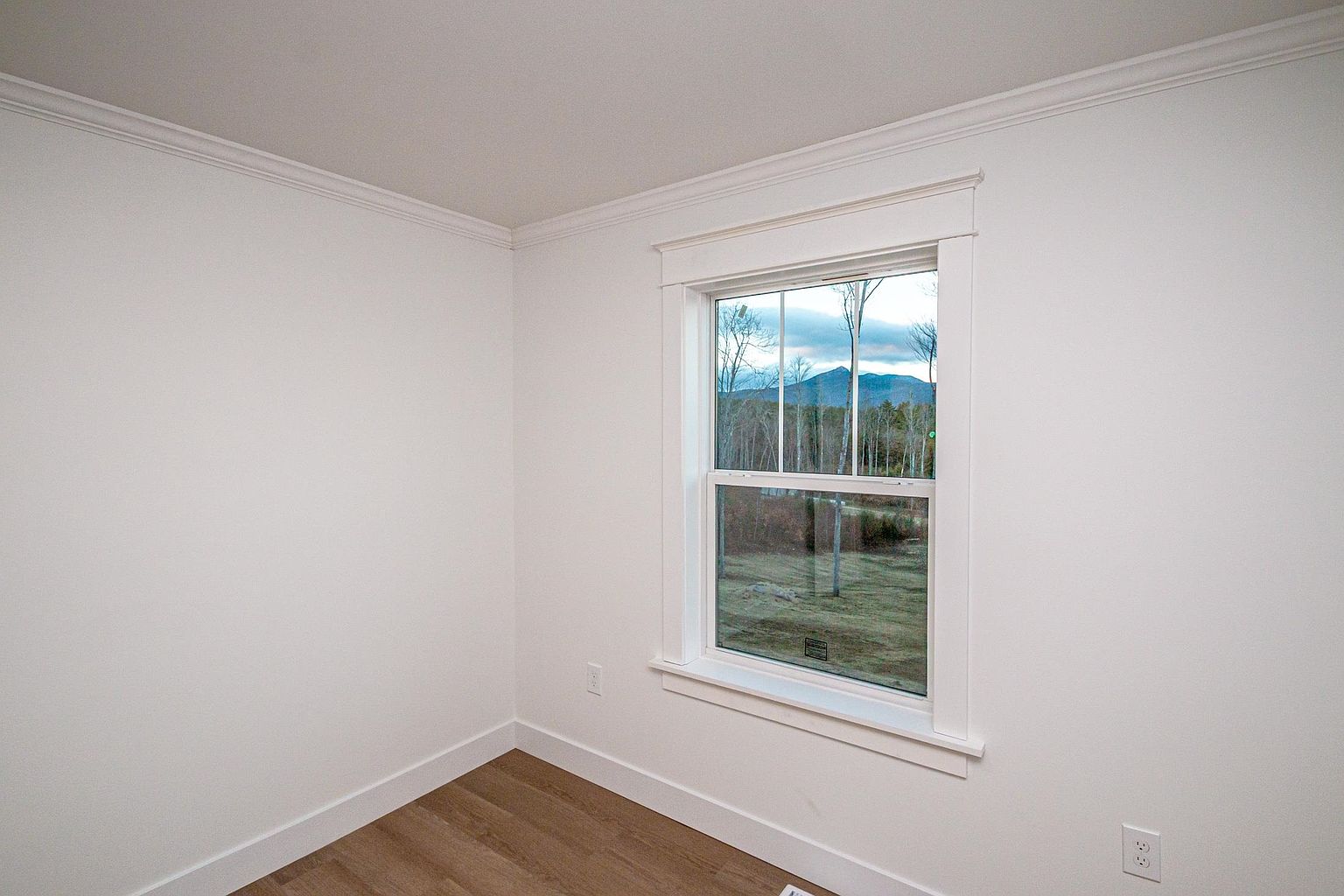 This minimalist bedroom features crisp white walls, crown molding, and light wood-tone flooring, creating a clean and bright atmosphere. A central window with classic white trim provides a scenic view of the surrounding landscape and distant mountains. The room's simple, neutral design offers a versatile space ready for personalization.