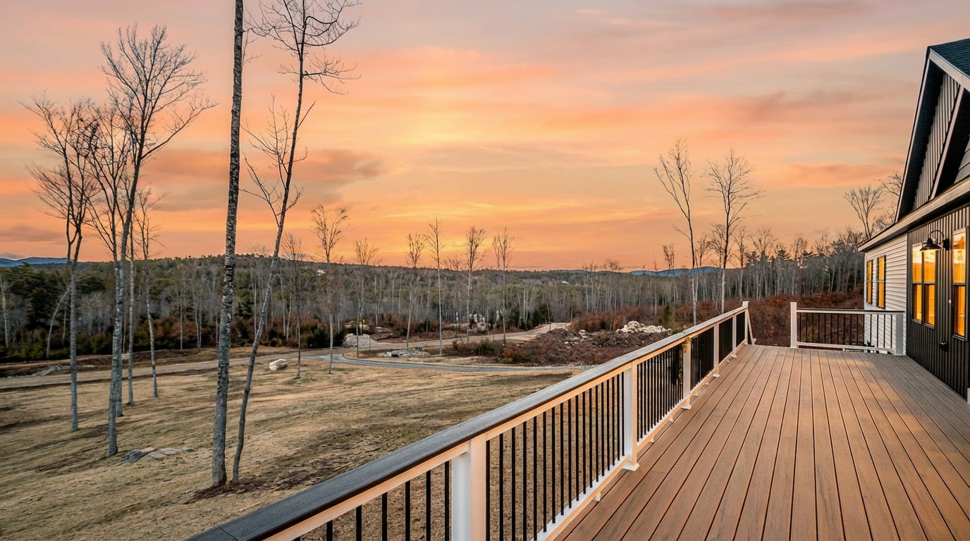 This image showcases a spacious deck attached to a modern home, characterized by a clean-lined railing and warm-toned composite decking. The deck offers an elevated, picturesque perspective overlooking a vast, rolling landscape and a peaceful woodland area at sunset. It provides an ideal setting for outdoor entertaining or quiet relaxation while enjoying the scenic mountain views.