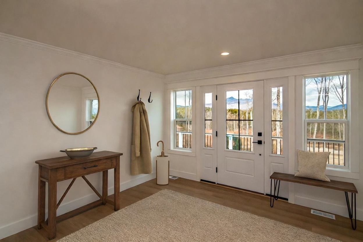 This bright and welcoming entryway features light wood flooring, a rustic console table with a circular gold mirror, and a minimalist bench with a throw pillow. The space is illuminated by natural light streaming through the front door and adjacent windows, which offer a scenic view of the outdoors. The clean, neutral aesthetic and thoughtful staging create an inviting first impression for potential buyers.