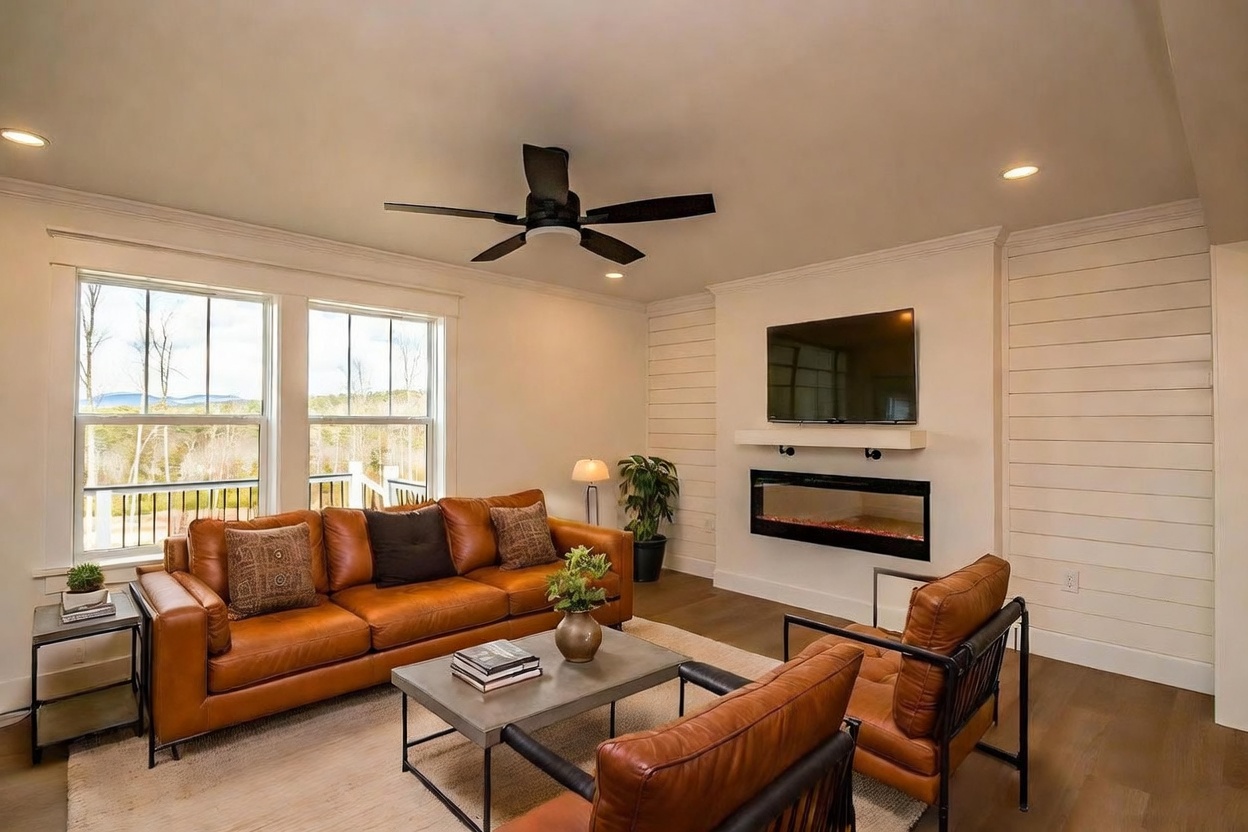 This inviting living room features a warm, modern aesthetic with a rich cognac-colored leather sofa and matching armchairs arranged around a central concrete-topped coffee table. The space is anchored by a shiplap accent wall with a built-in linear fireplace and a mounted television, while large windows provide ample natural light and a view of the outdoors. The room is finished with hardwood flooring, a neutral area rug, and a contemporary ceiling fan, creating a comfortable and stylish atmosphere.