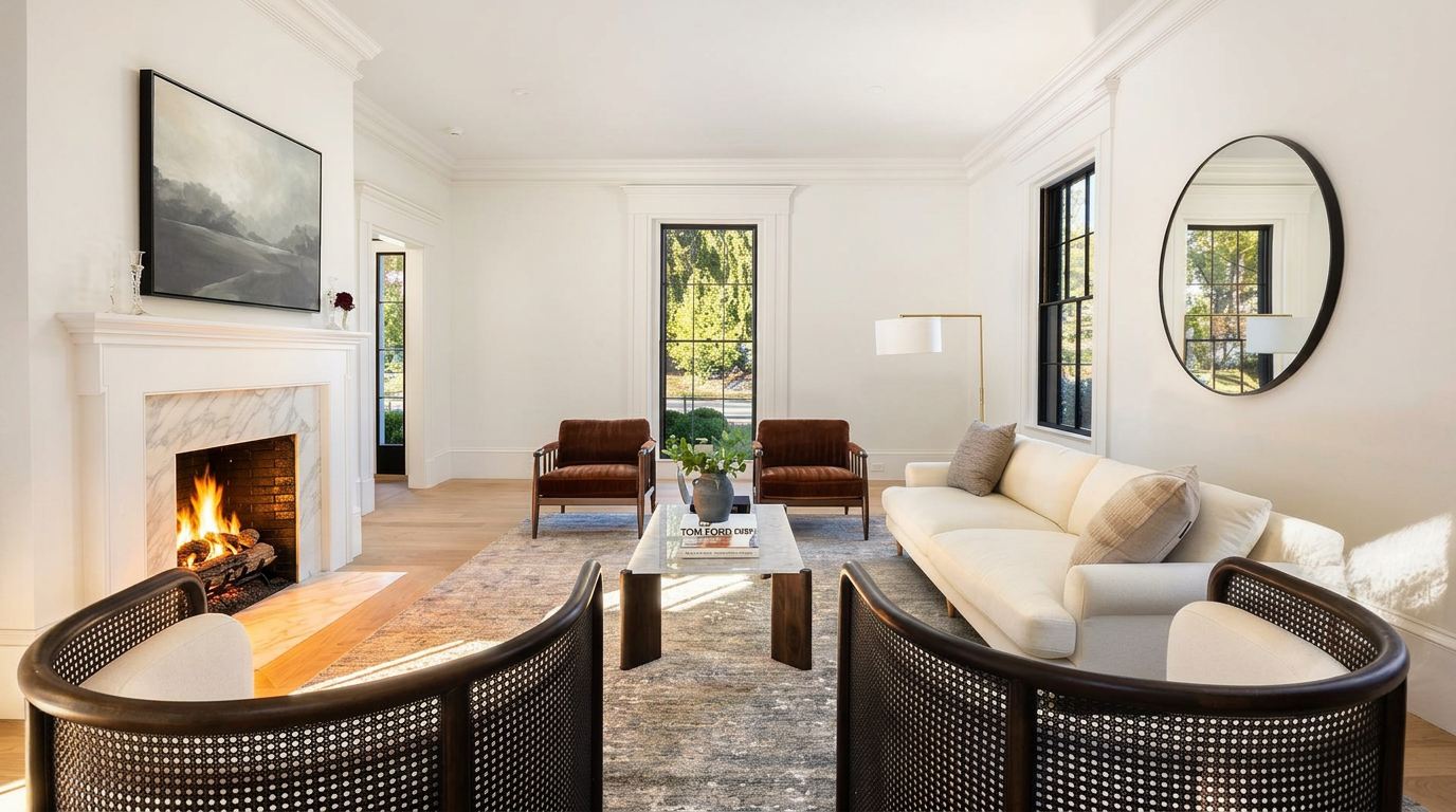 This elegant living room features a sophisticated, neutral color palette with a central fireplace framed by a marble surround and a large landscape painting. The space is furnished with a plush white sofa, two rich brown velvet armchairs, and two curved, cane-backed accent chairs in the foreground, all arranged on a textured area rug. Large windows with black frames allow natural light to flood the room, creating an airy and refined atmosphere perfect for high-end residential living.