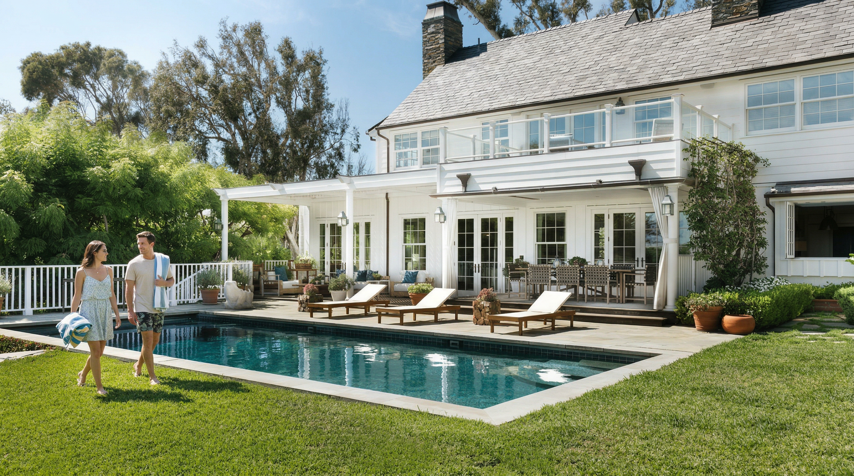 This stunning rear exterior view showcases a classic, multi-story white home featuring a spacious covered patio, a second-story balcony with glass railings, and a pristine rectangular swimming pool. The manicured lawn leads directly to the pool deck, which is furnished with lounge chairs, creating an inviting and luxurious outdoor living space. The architectural style is elegant and traditional, perfectly complemented by the lush surrounding trees and clear blue sky.