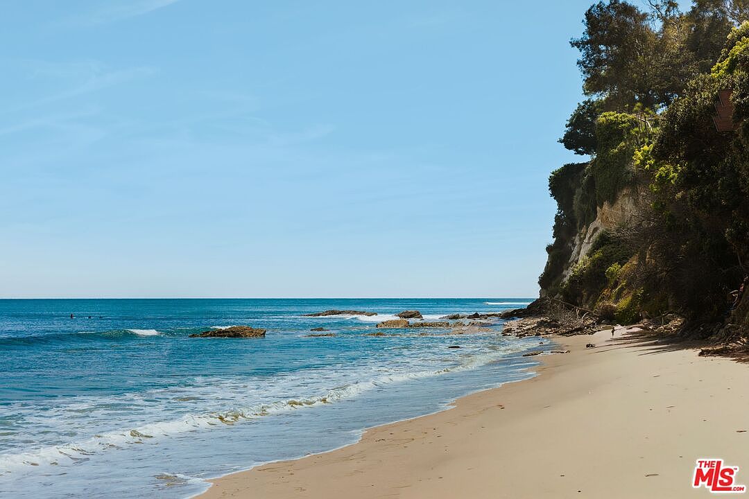 This image captures a serene, natural coastal landscape featuring a sandy beach meeting the Pacific Ocean under a clear blue sky. A rugged, tree-covered cliffside rises dramatically on the right, providing a sense of seclusion and natural beauty. The perspective is a wide-angle, eye-level shot that emphasizes the expansive horizon and the tranquil atmosphere of this private-feeling shoreline.