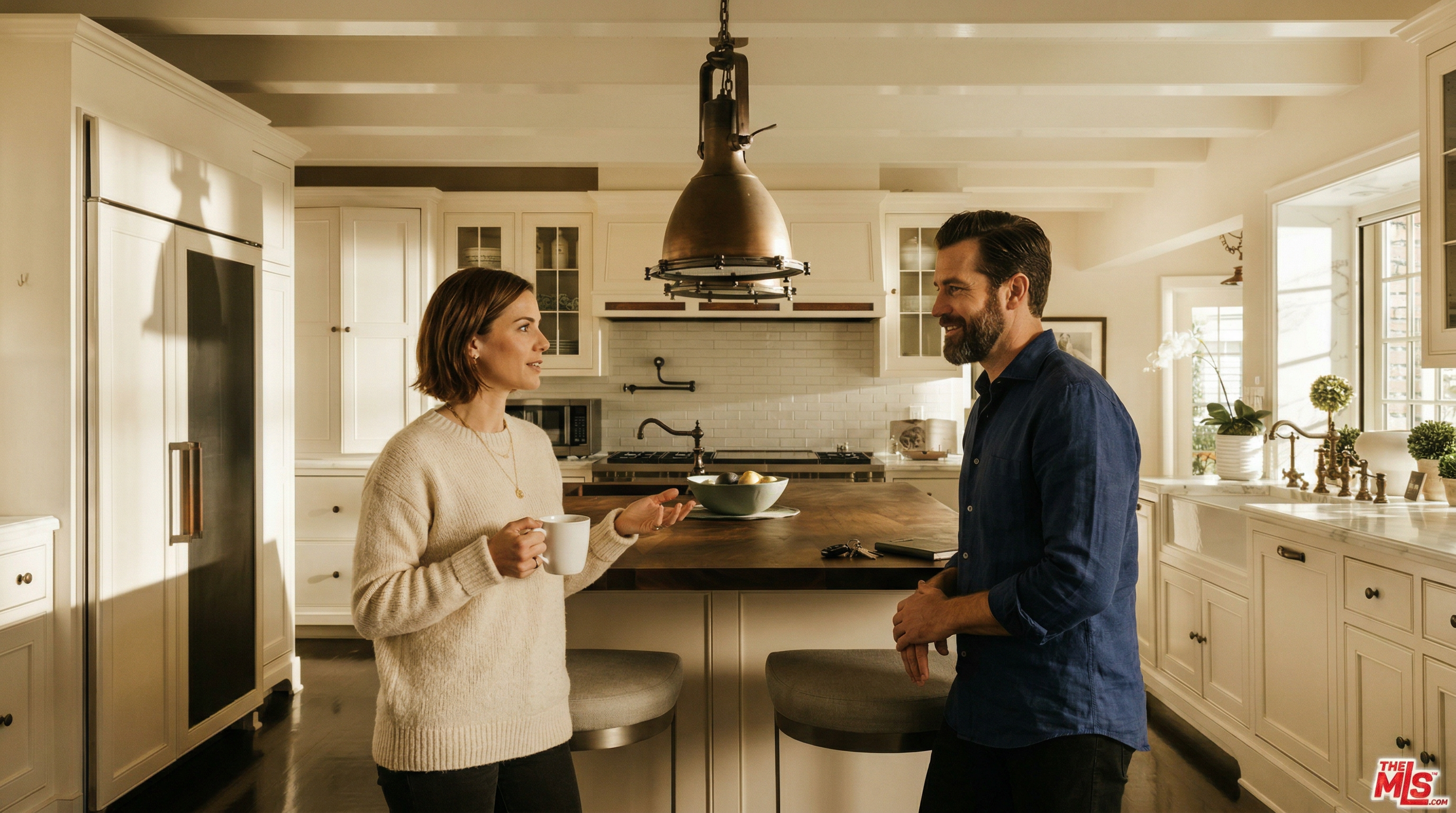 This elegant, high-end kitchen features a large central island with a dark wood countertop and two upholstered bar stools, serving as the focal point of the room. The space is defined by crisp white cabinetry, a classic subway tile backsplash, and a prominent industrial-style pendant light hanging above the island. The dark hardwood floors contrast beautifully with the bright cabinetry, creating a sophisticated and warm atmosphere perfect for culinary activities.