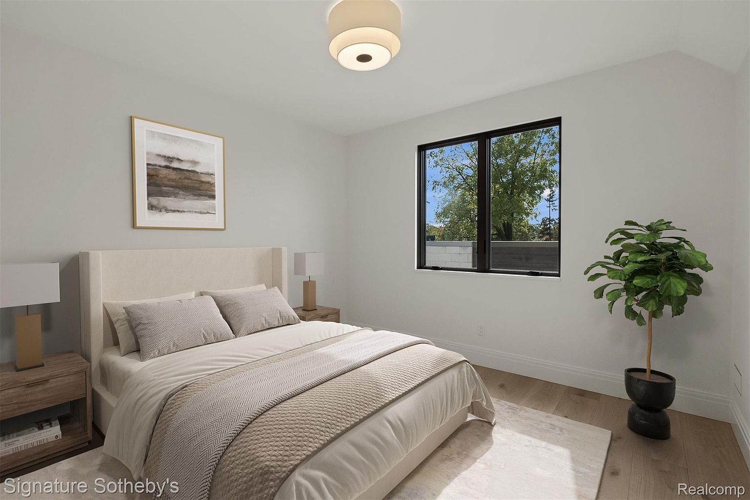 This is a bright and airy primary bedroom featuring a neutral color palette. The room includes a bed with a padded headboard, matching nightstands with lamps, and a large window providing natural light. An abstract art piece hangs above the bed, and a potted plant adds a touch of greenery.